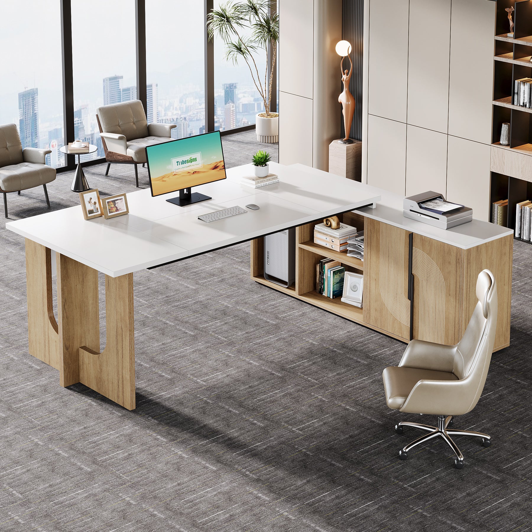 L-Shaped Executive Desk, 74.8" Computer Desk with Cabinet