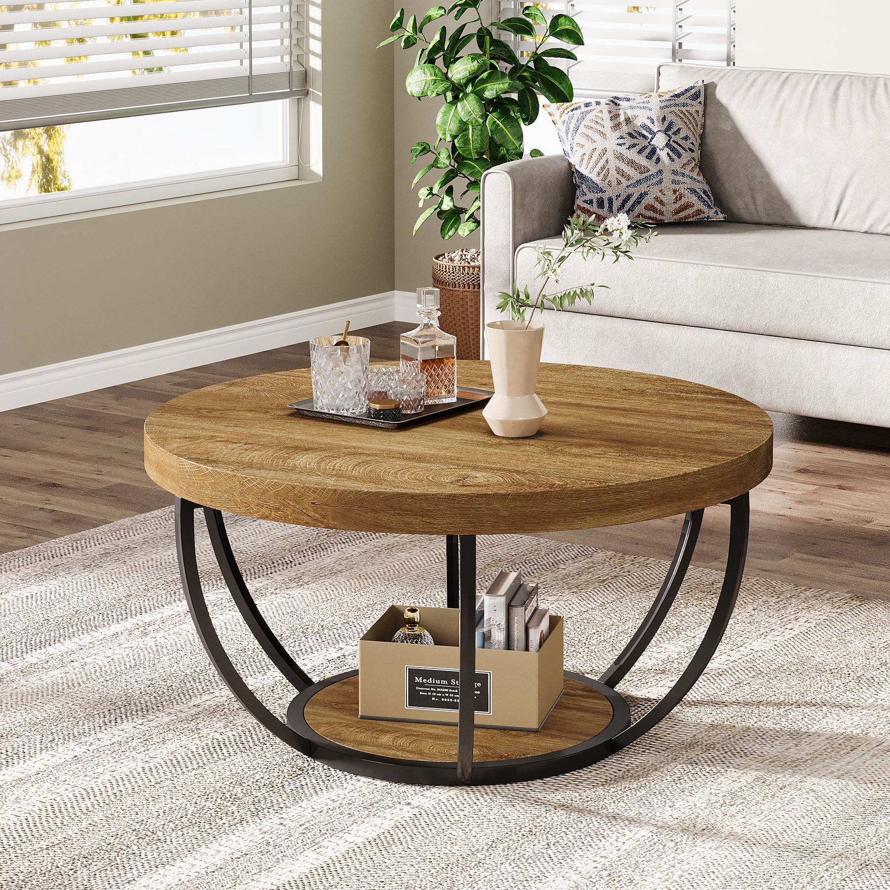 Round Coffee Table, 2-Tier Central Cocktail Table with Shelves