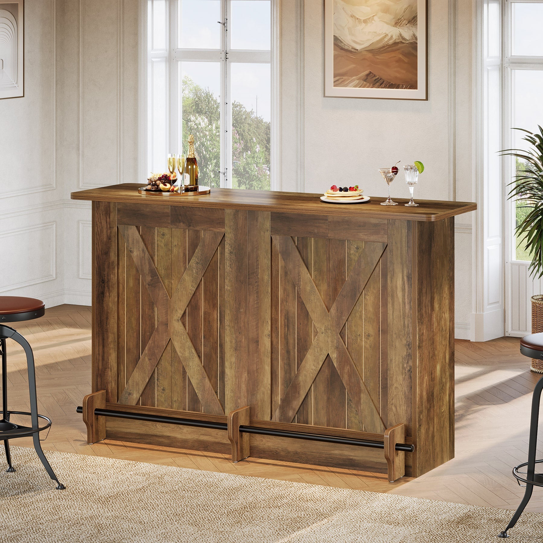 63" Home Bar Unit, 2-Tier  Bar Table Coffee Cabinet with Footrest