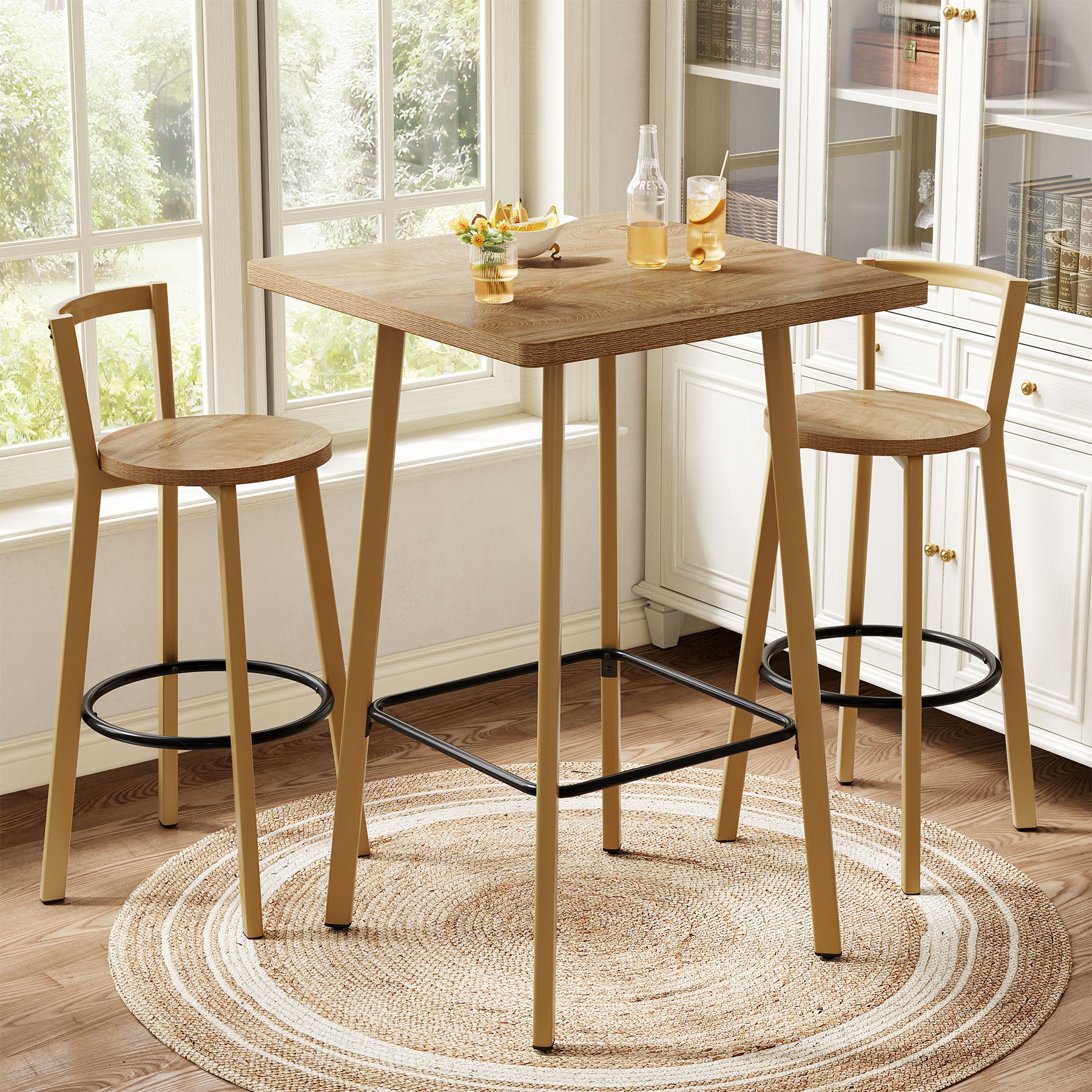 Square Bar Table and Chair Set, 39.4" H Bistro Pub Table with 2 Chairs