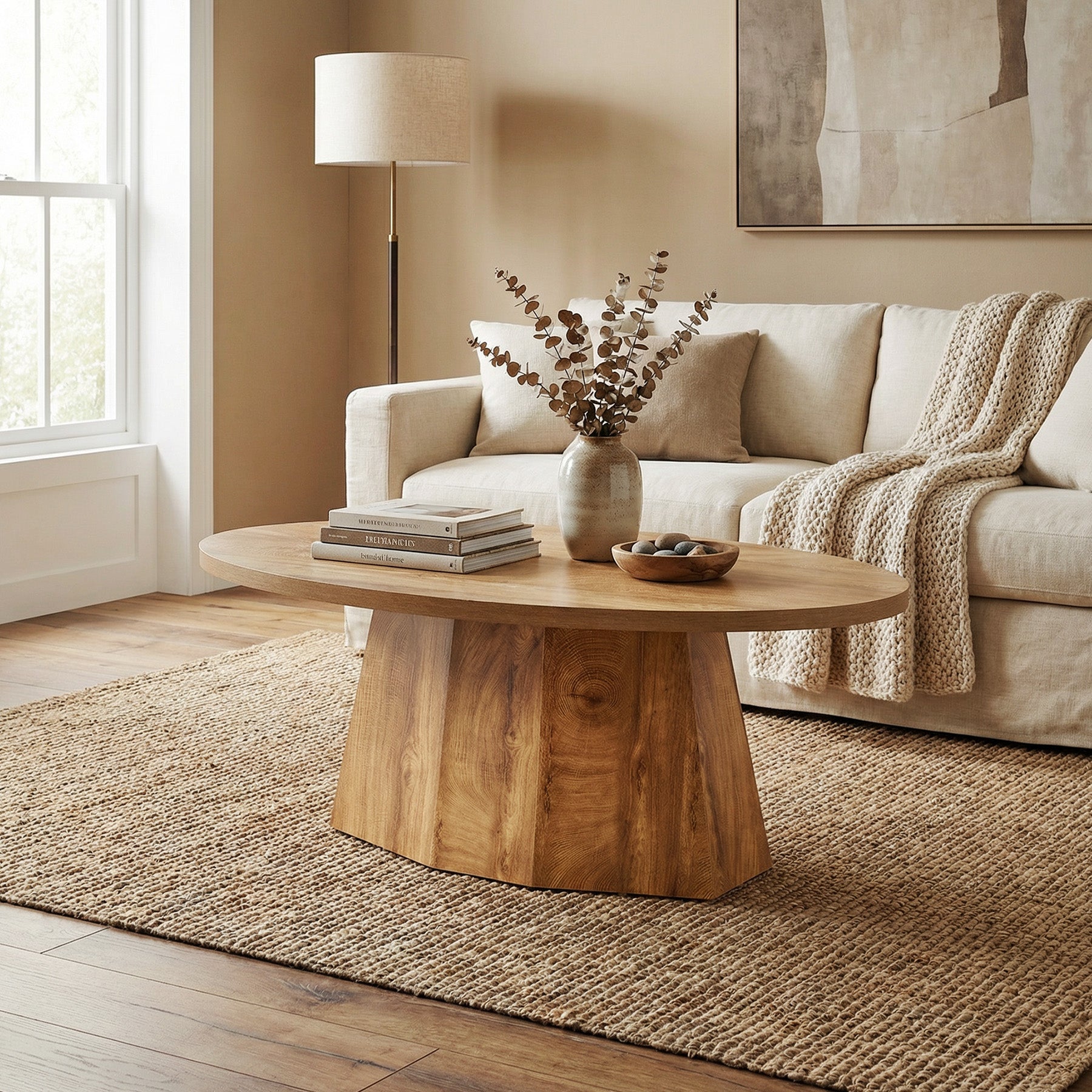 Oval Coffee Table, 47" Center Accent Table with Polygonal Pedestal for Living Room