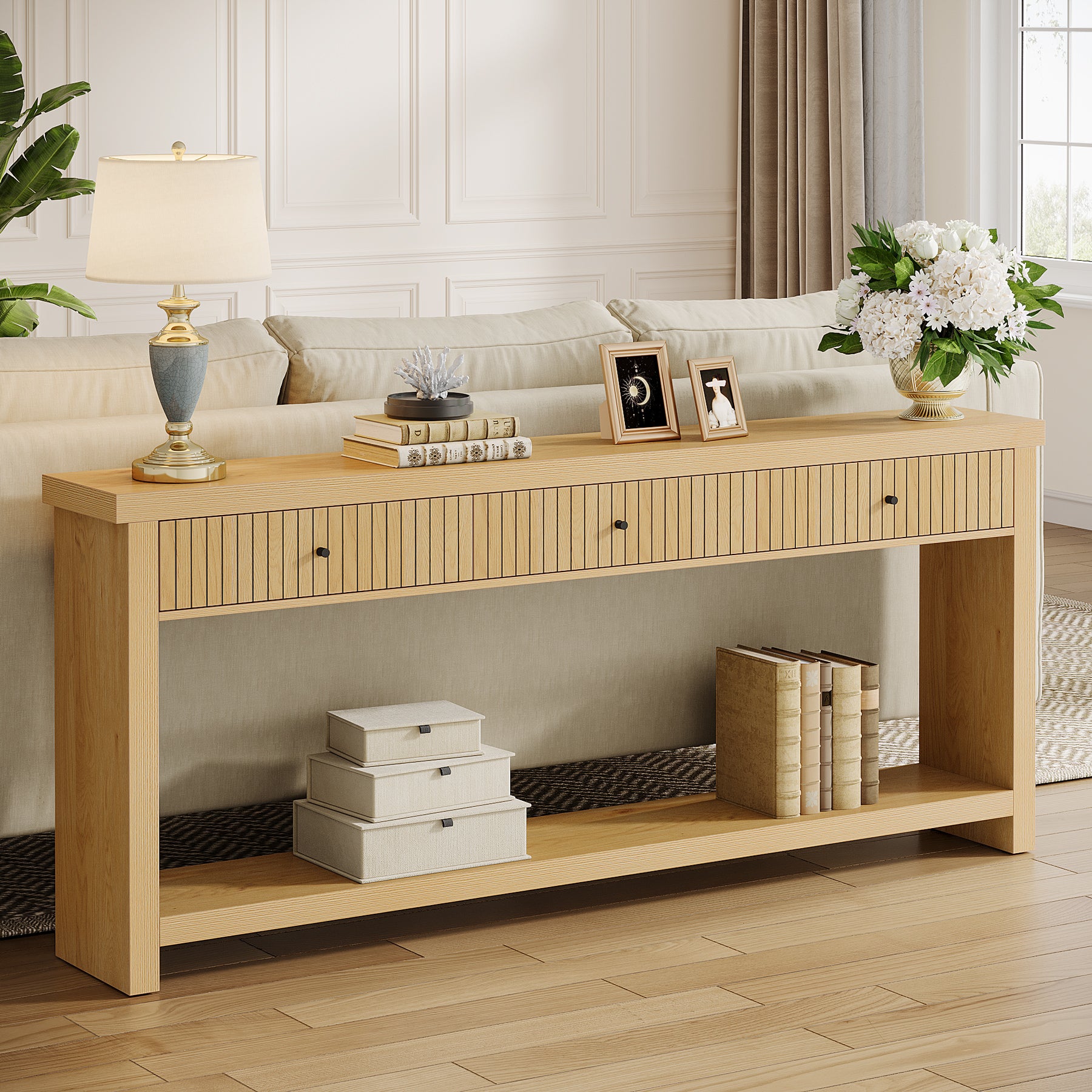 70.9" Console Table, 3-Drawer Entryway Sofa Table with Open Shelves
