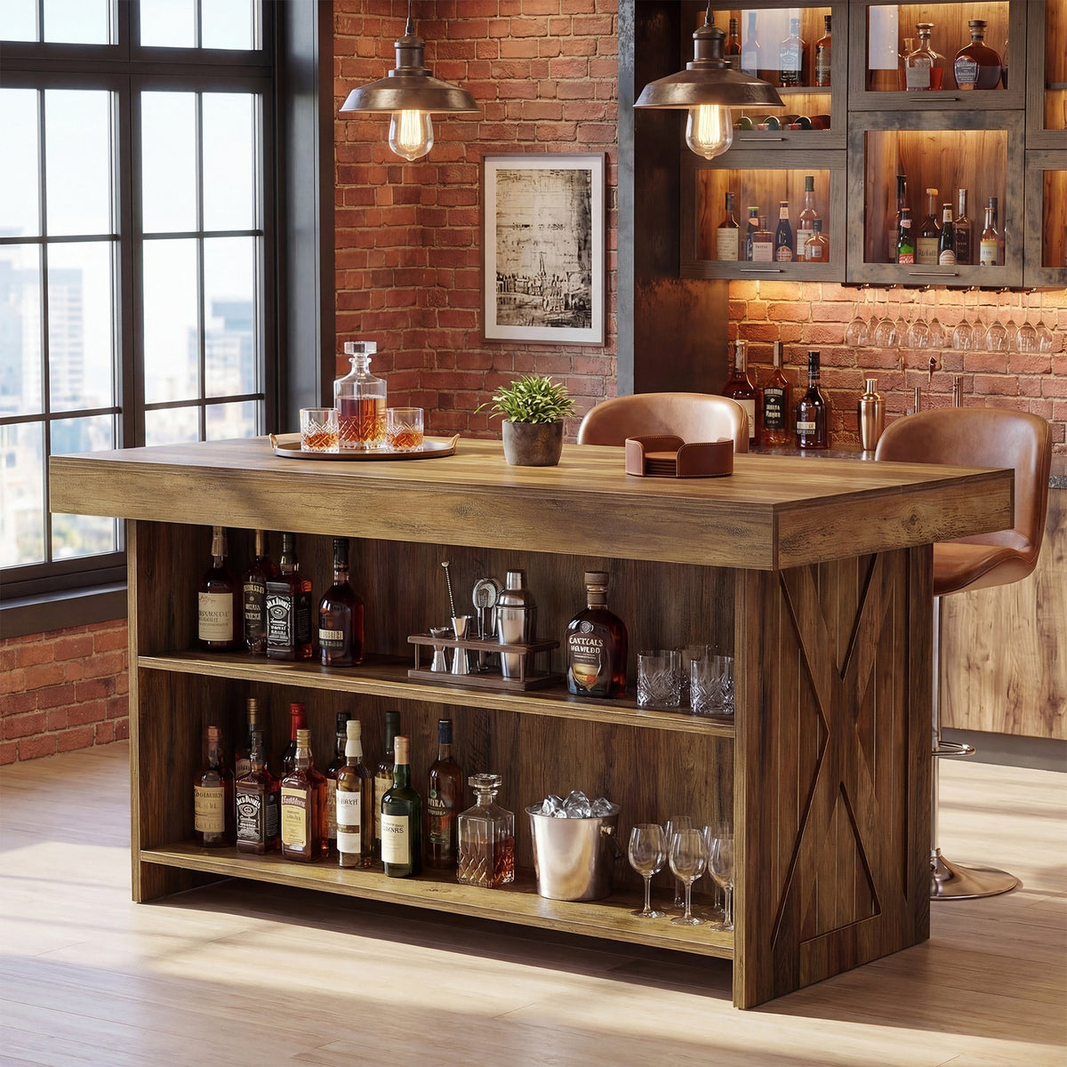 55.12" Bar Table, 3-Tier Home Bar Unit with Storage Shelves for Kitchen
