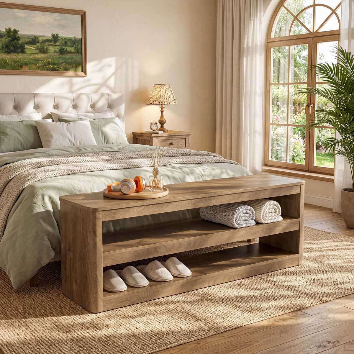55" Entryway Bench, 3-Tier Shoe Bench End of Bed Seat for Hallway, Bedroom