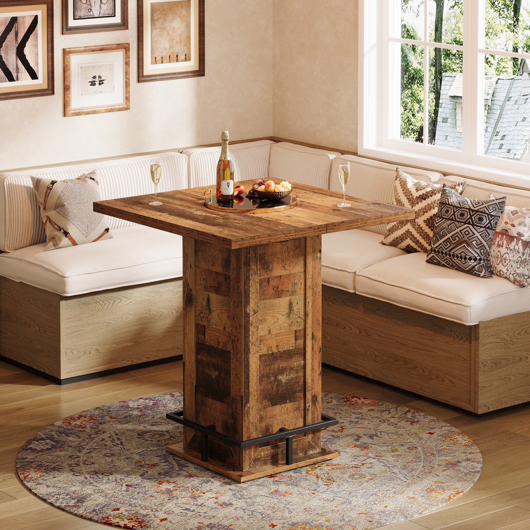 39.4" H Square Bar Table, Industrial High Top Bistro Pub Table with Metal Footrest