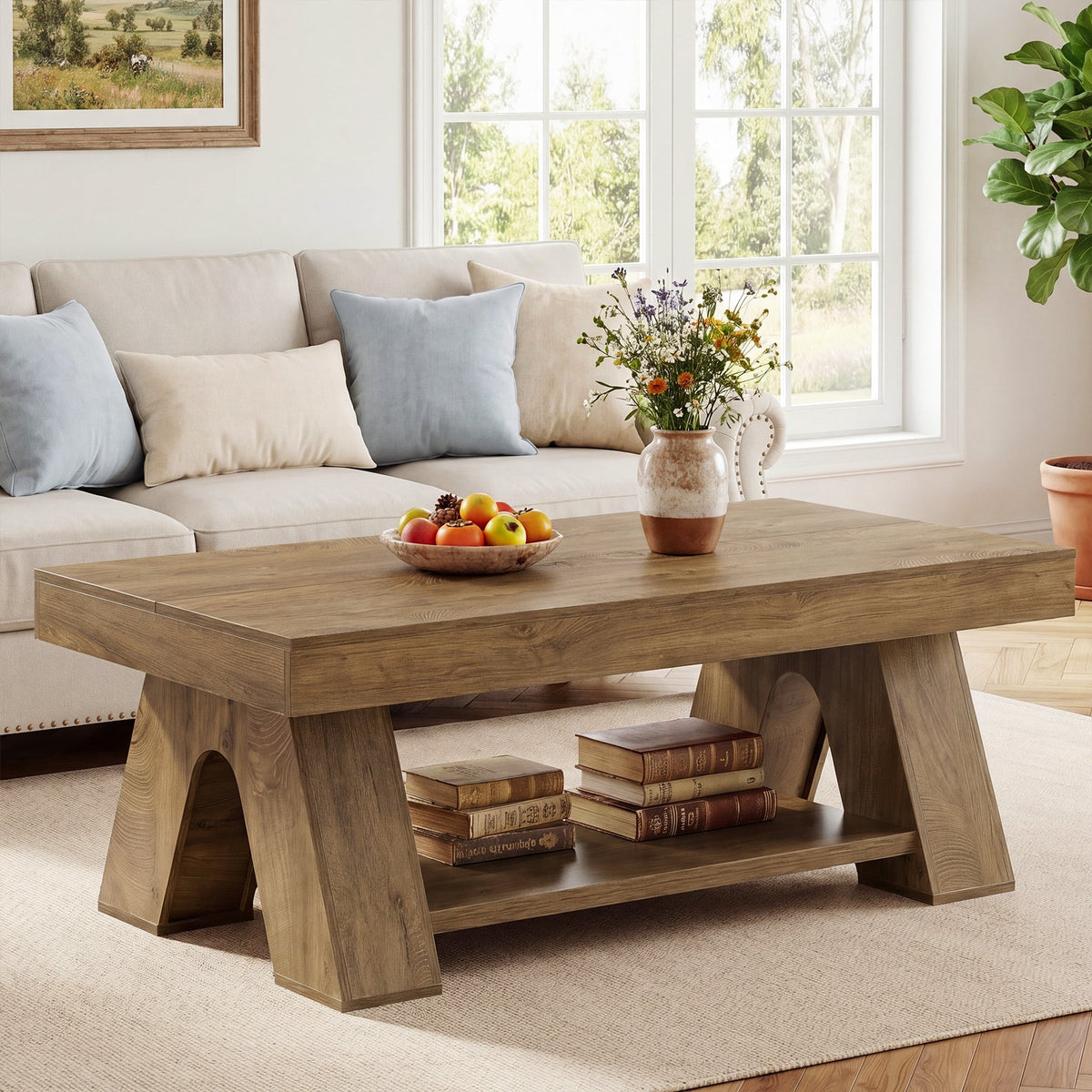 55.1" Farmhouse Coffee Table with Storage Shelf, Rectangle Center Table for Living Room