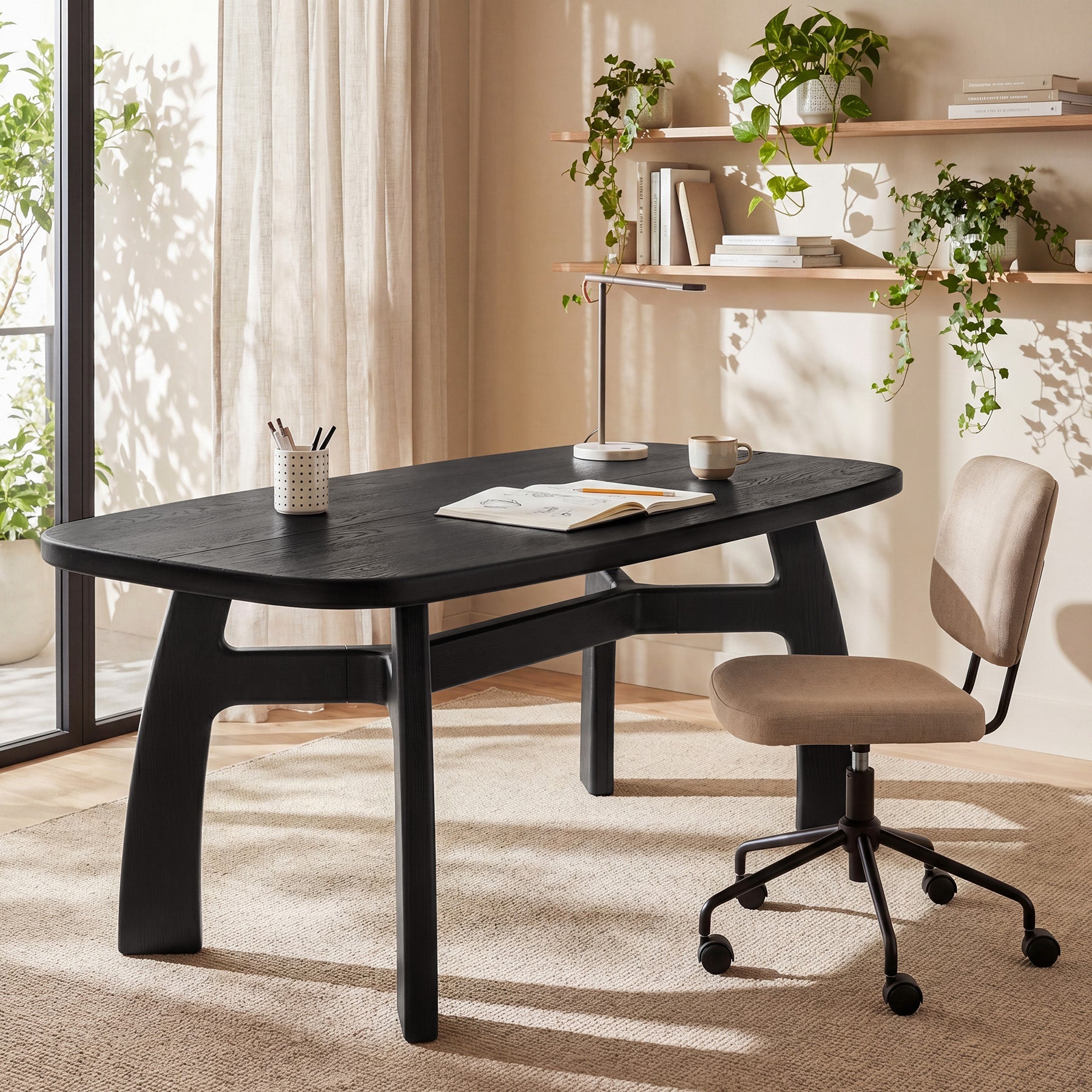 63" Solid Wood Computer Desk, Modern Office Desk with Boat-Shaped Top for Home Office