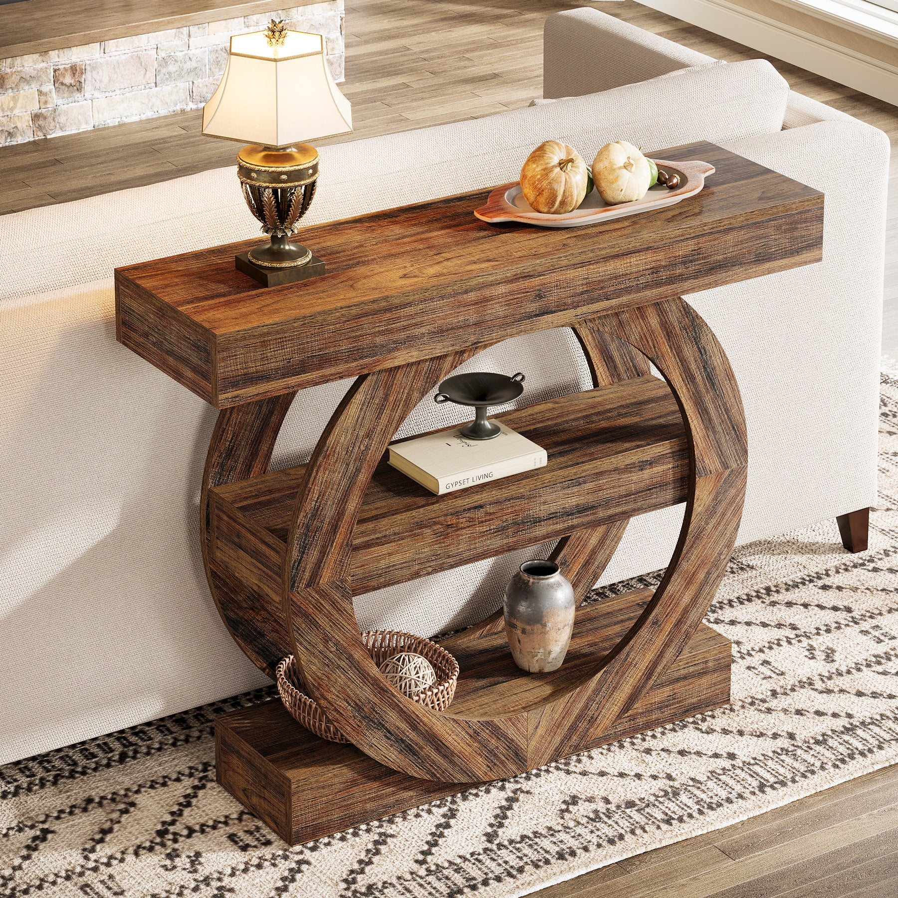 41.3" Console Table, 3-Tier Sofa Table Behind Couch with Circle Base