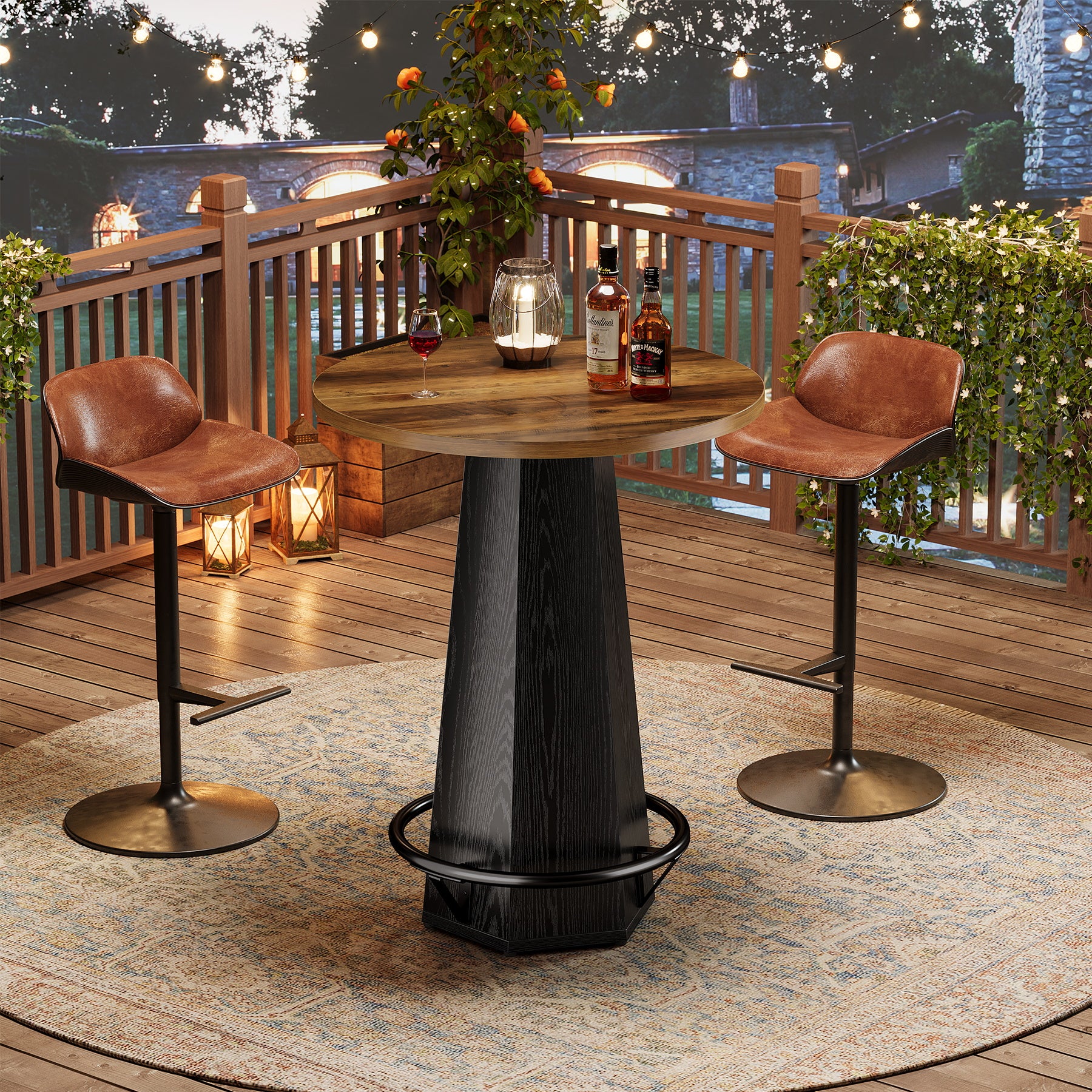 Round Bar Table for 2 People, 39.4" H Industrial Counter Height Pub Table with Metal Footrest
