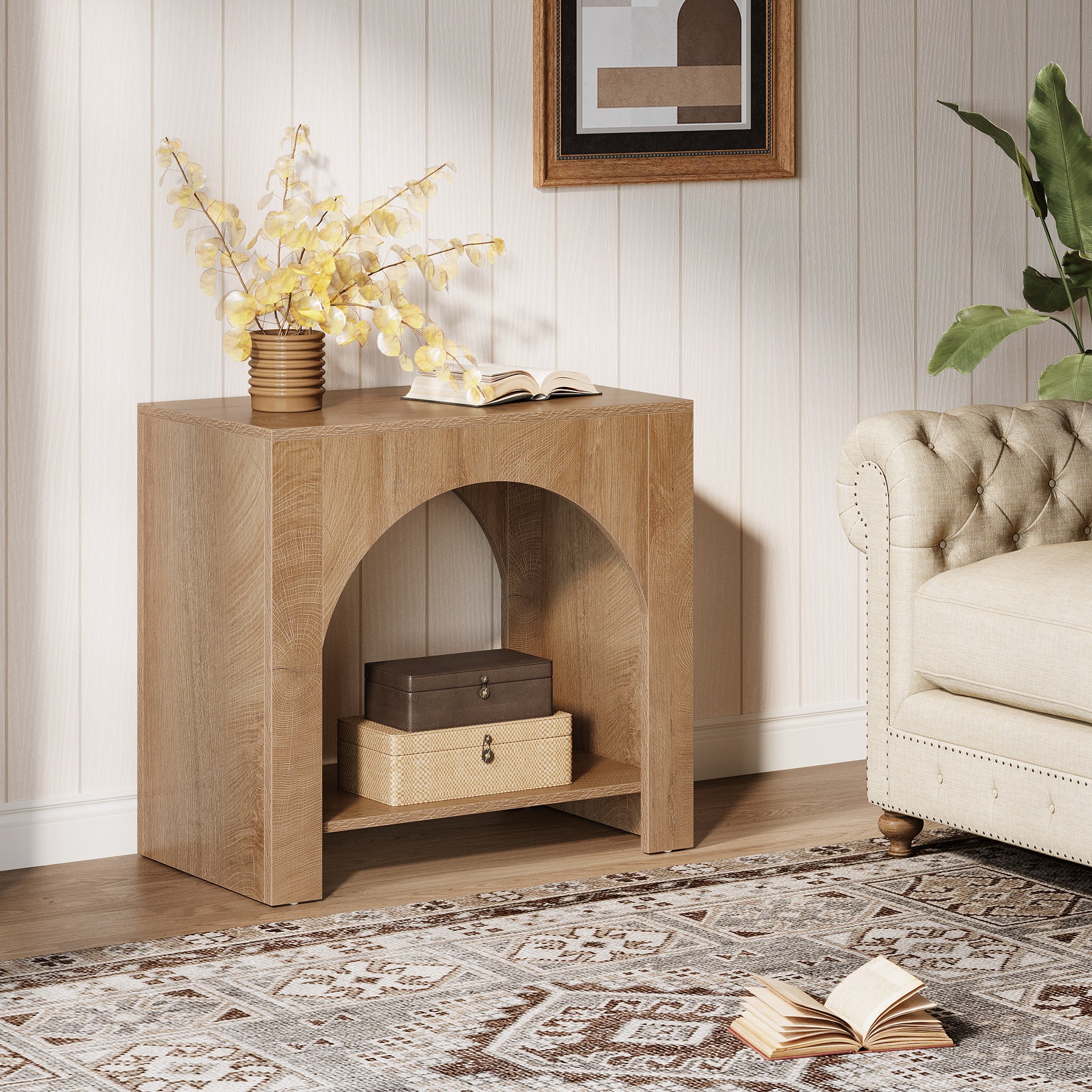 Farmhouse End Table, Large Sofa Side Table with 2-Tier Storage Shelf