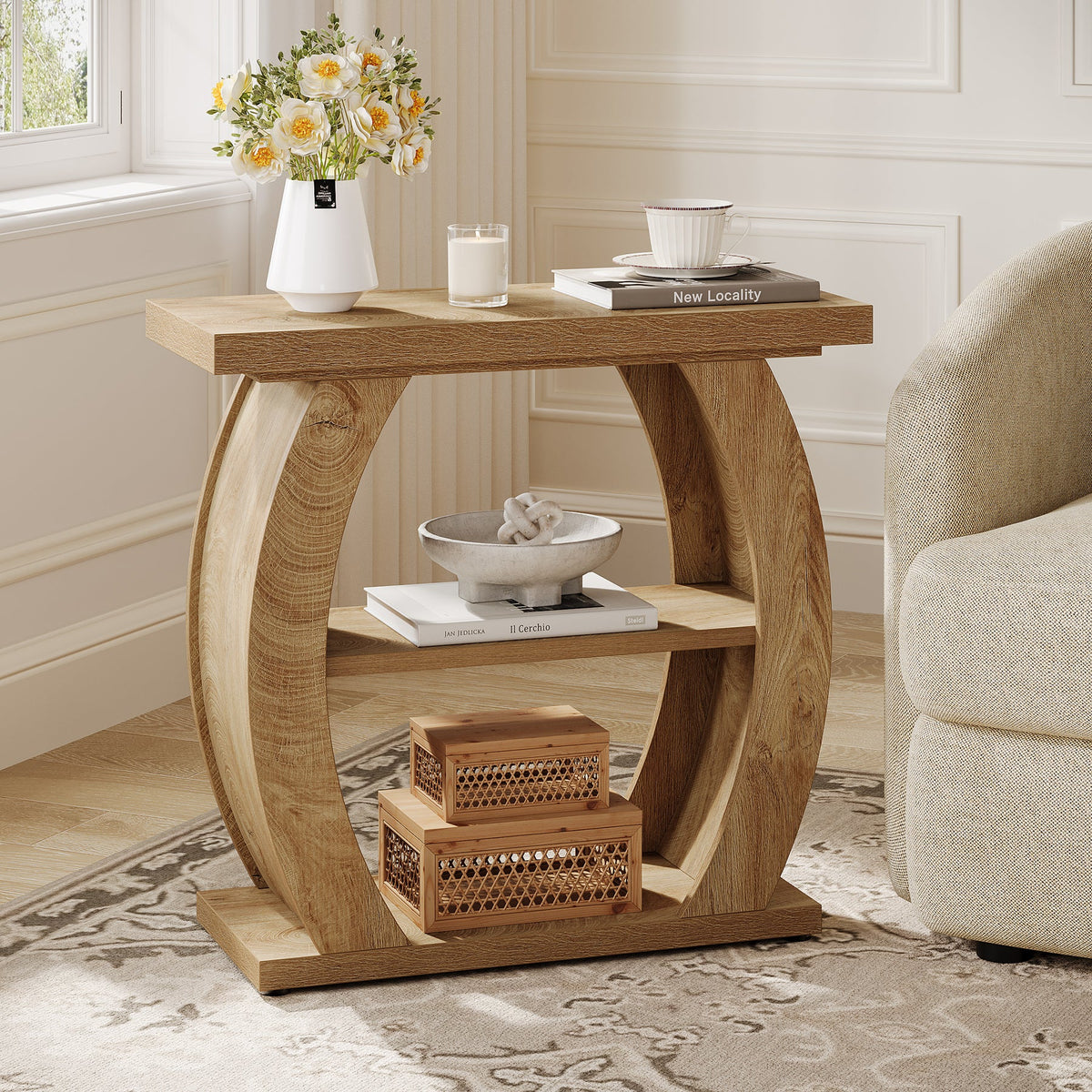 Narrow End Table, 2-Tier Farmhouse Side Table with Curved Frame