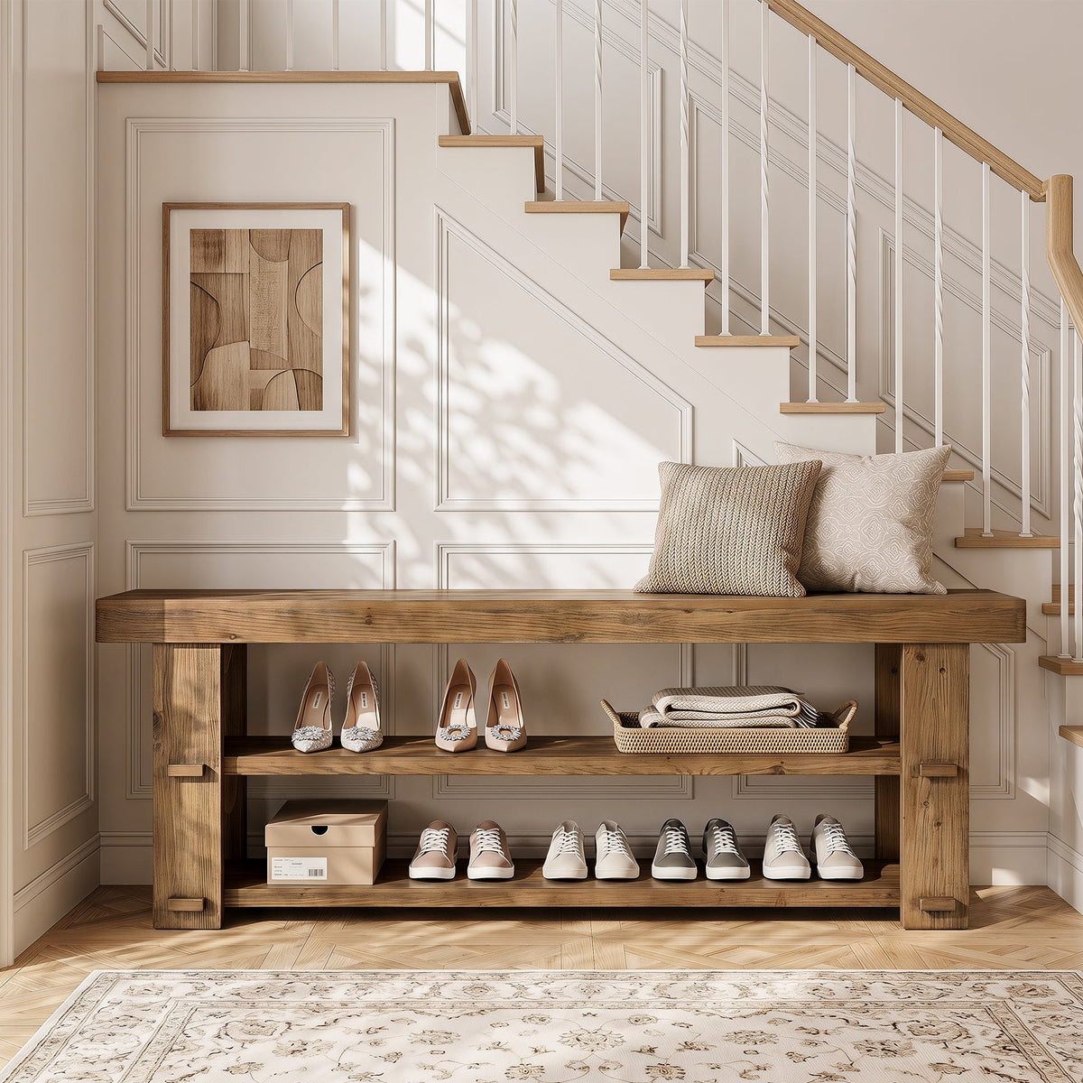 55" Solid Wood Entryway Bench, 2-Tier Shoe Storage Bench for Entryway