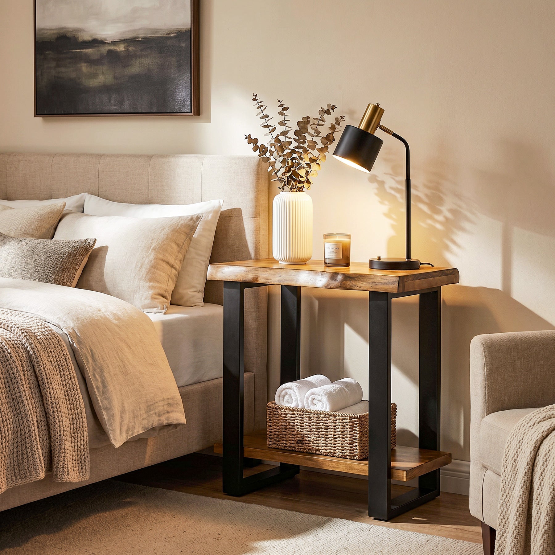 Solid Wood End Table, 2-Tier Side Table Nightstand with Iron Frame