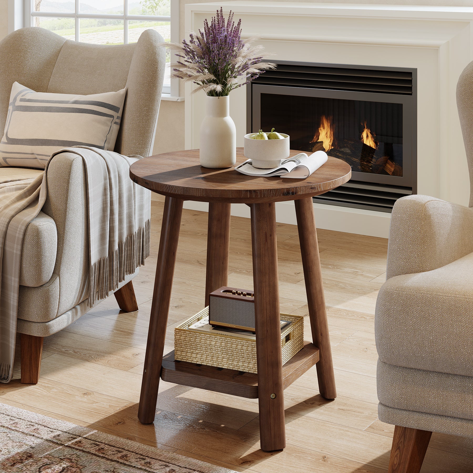 19.69" Round Solid Wood End Table, 2-Tier Farmhouse Side Table with Storage Shelf