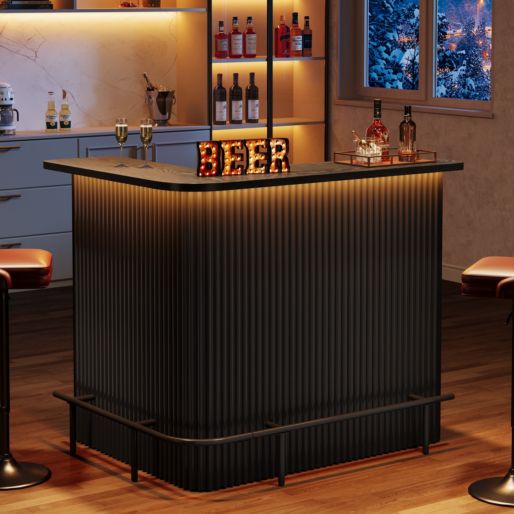 L-Shaped Home Bar Unit, 4-Tier Fluted Bar Table with Storage Shelves