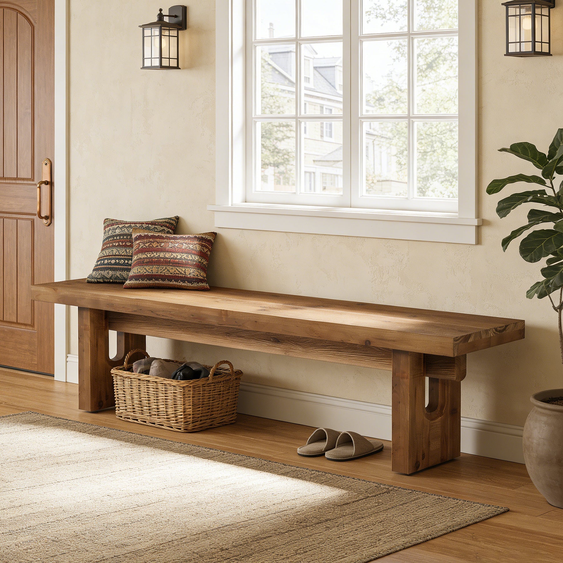 63“ Long Entryway Bench, Solid Wood End of Bed Indoor Seating
