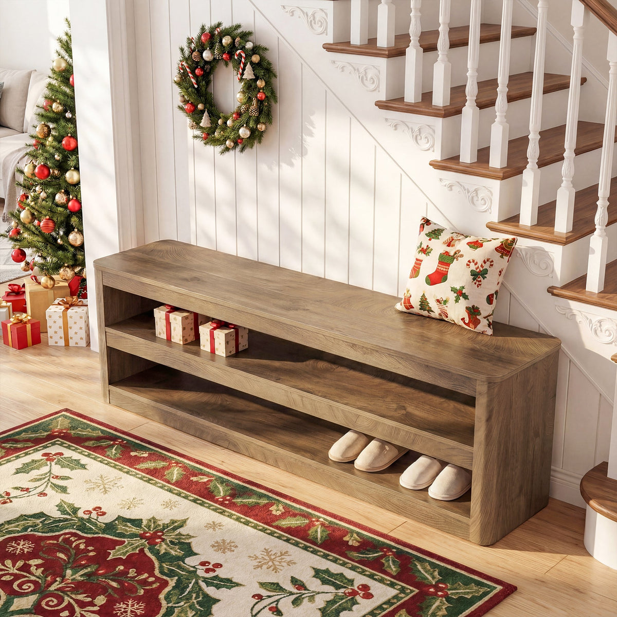 55" Entryway Bench, 3-Tier Shoe Bench End of Bed Seat for Hallway, Bedroom