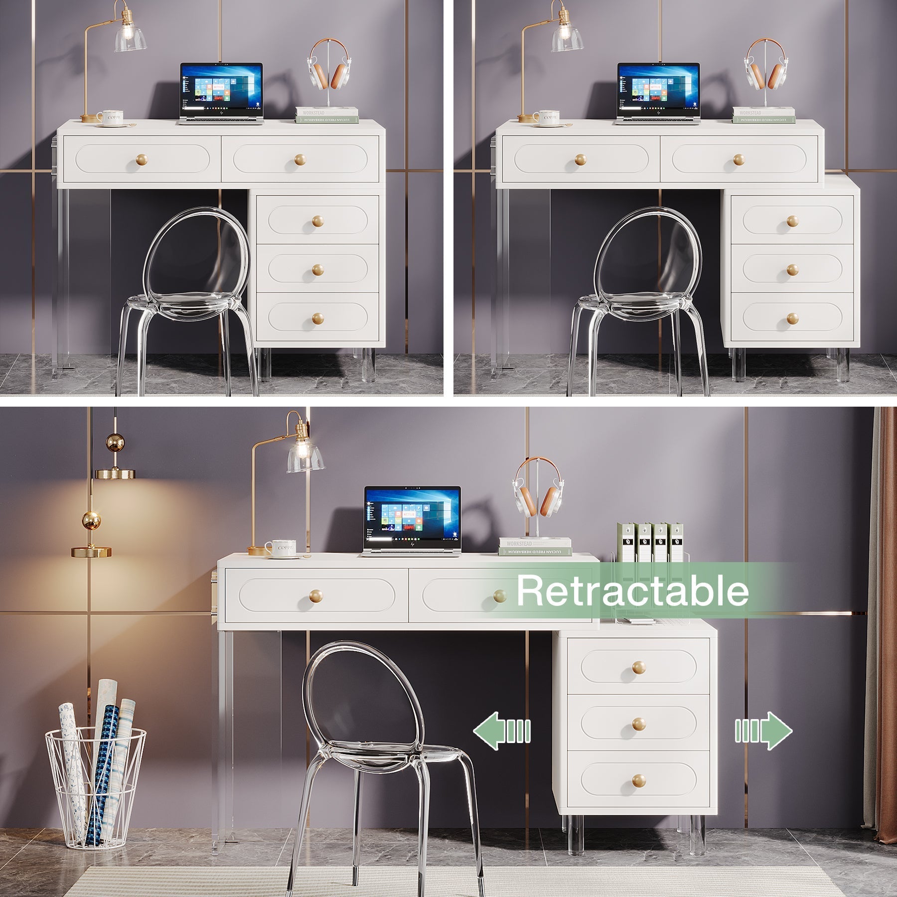5-Drawer Computer Desk with Transparent Acrylic Base and Legs Tribesigns