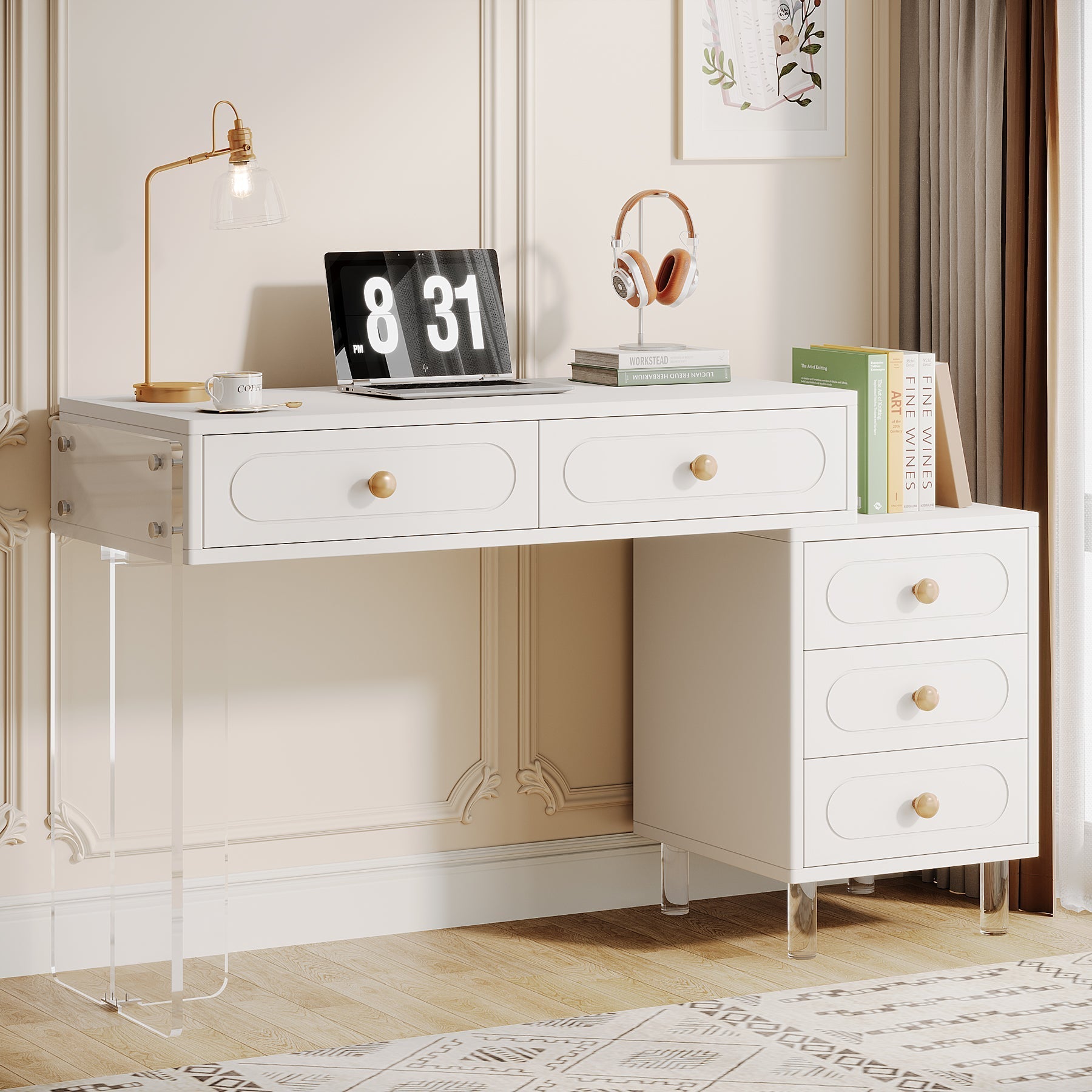 5-Drawer Computer Desk with Transparent Acrylic Base and Legs Tribesigns
