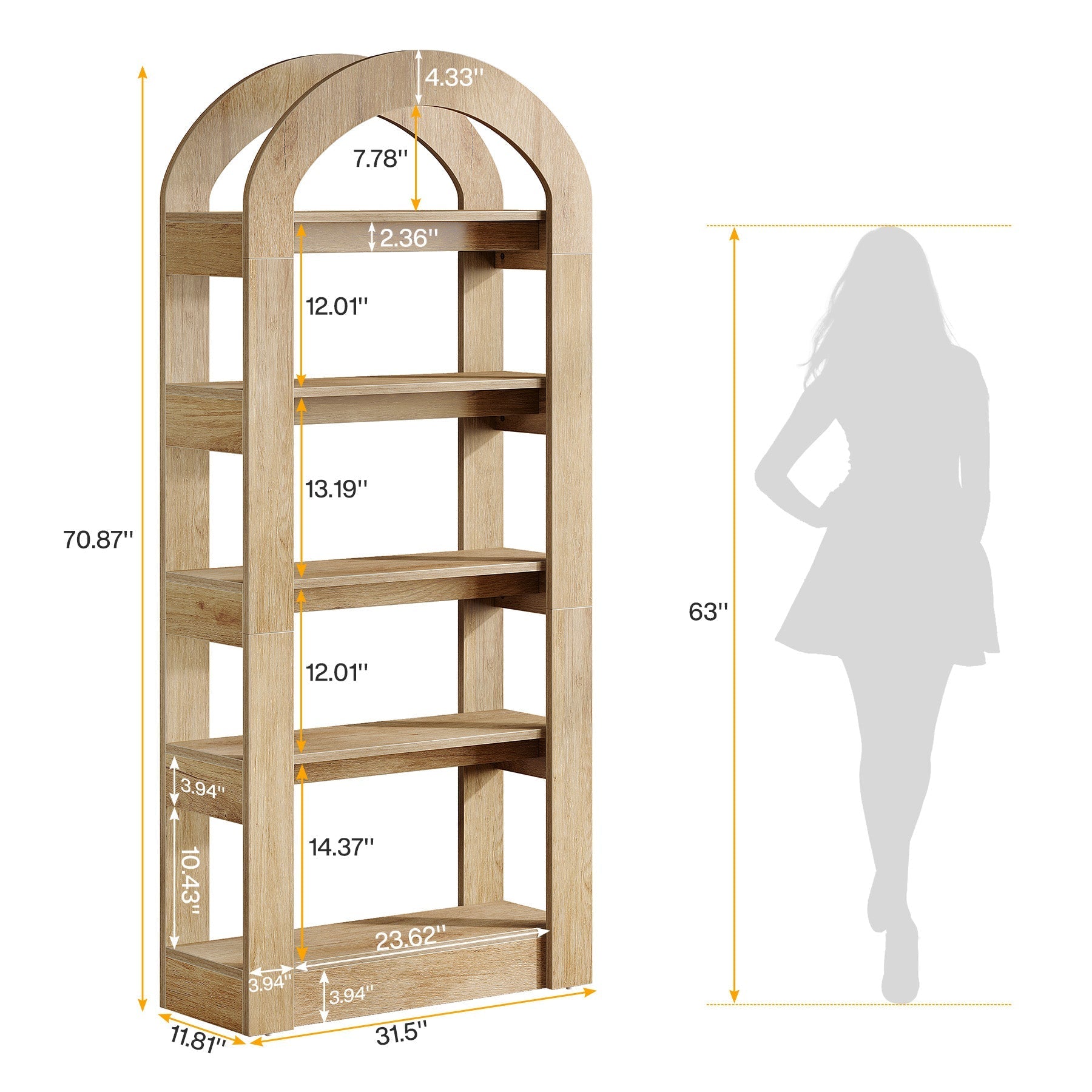 5 - Tier Bookshelf, Wooden Bookcase Display Shelf with Arch - Shape Tribesigns