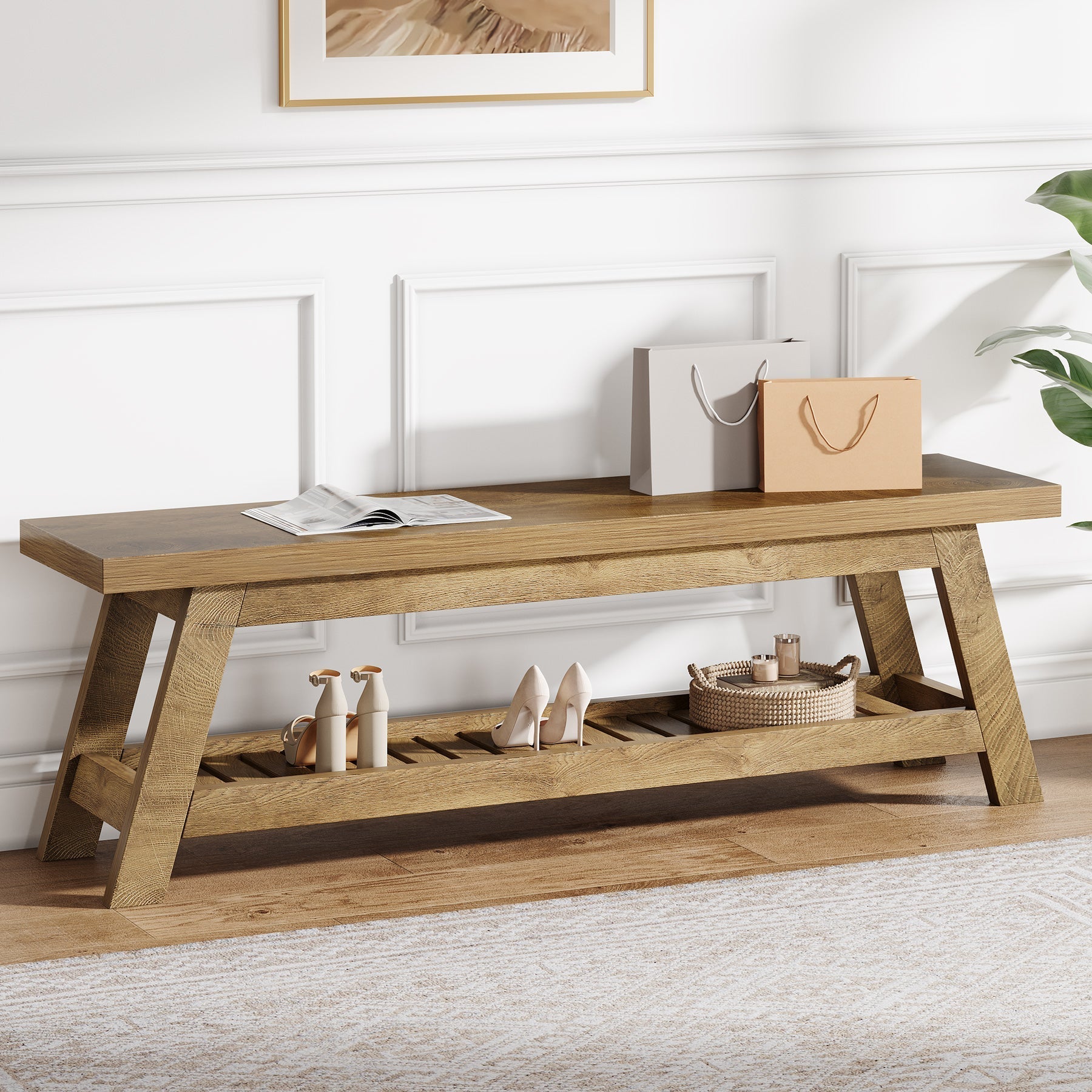 55" Entryway Bench, 2 - Tier Foyer Seating Bench with Shoe Storage Tribesigns