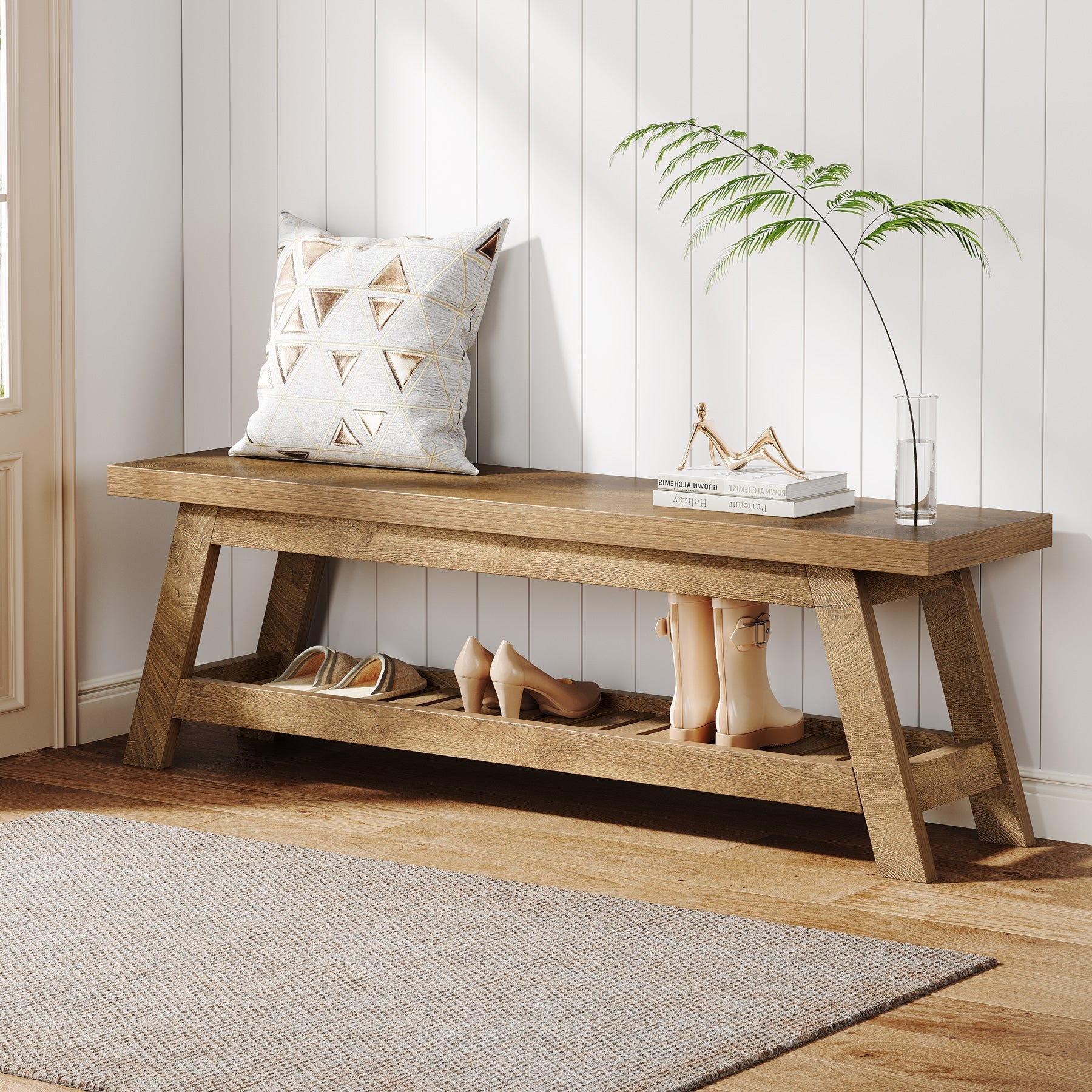 55" Entryway Bench, 2 - Tier Foyer Seating Bench with Shoe Storage Tribesigns