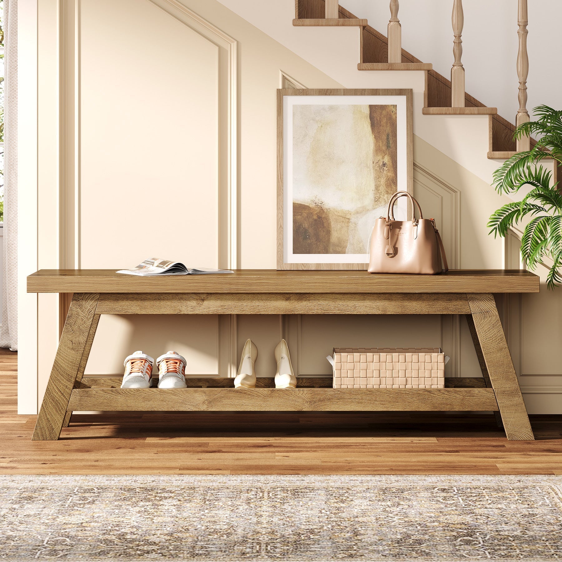 55" Entryway Bench, 2 - Tier Foyer Seating Bench with Shoe Storage Tribesigns