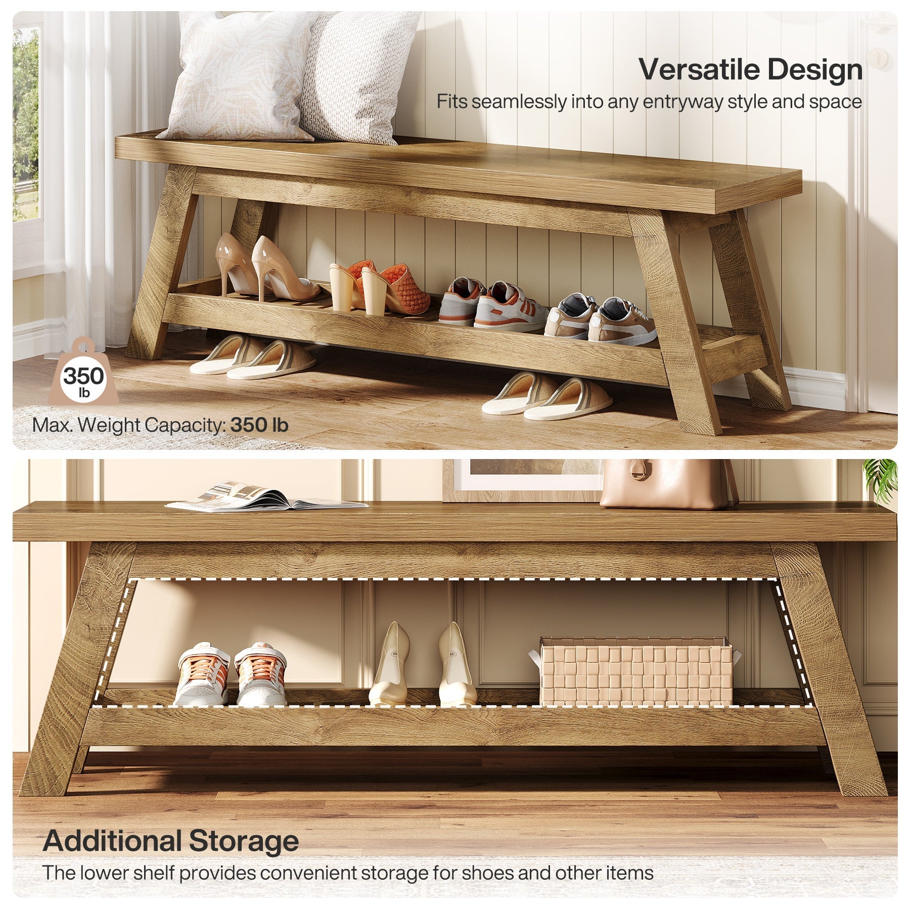 55" Entryway Bench, 2 - Tier Foyer Seating Bench with Shoe Storage Tribesigns