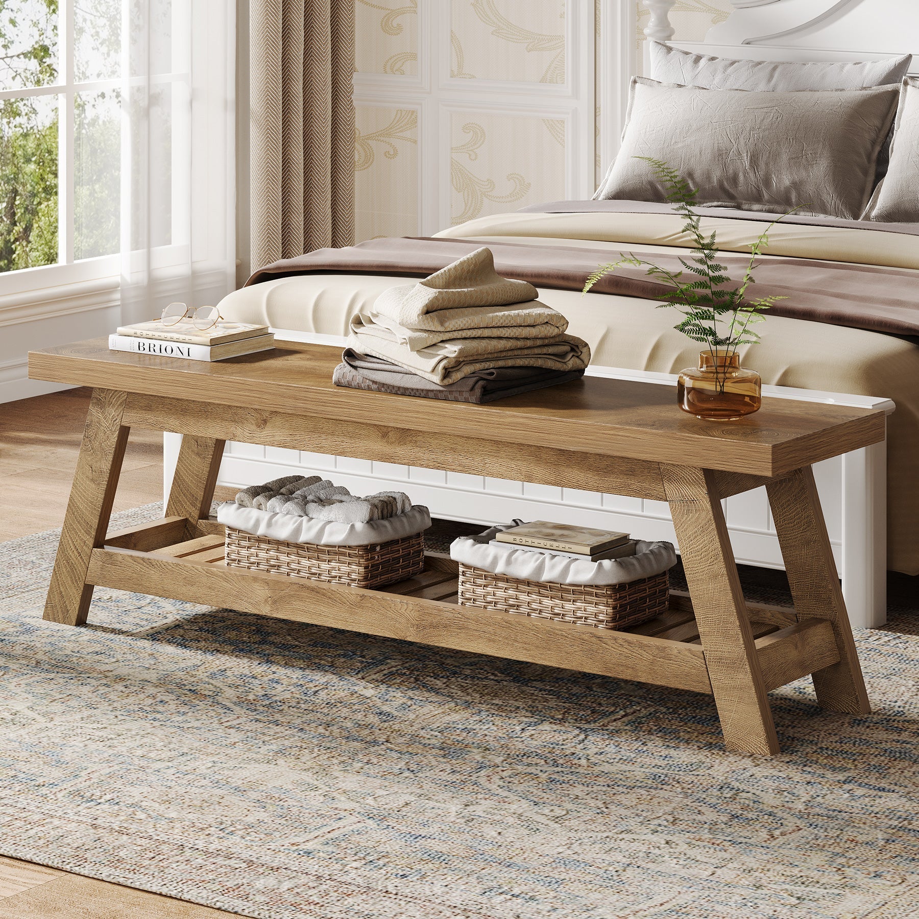 55" Entryway Bench, 2 - Tier Foyer Seating Bench with Shoe Storage Tribesigns