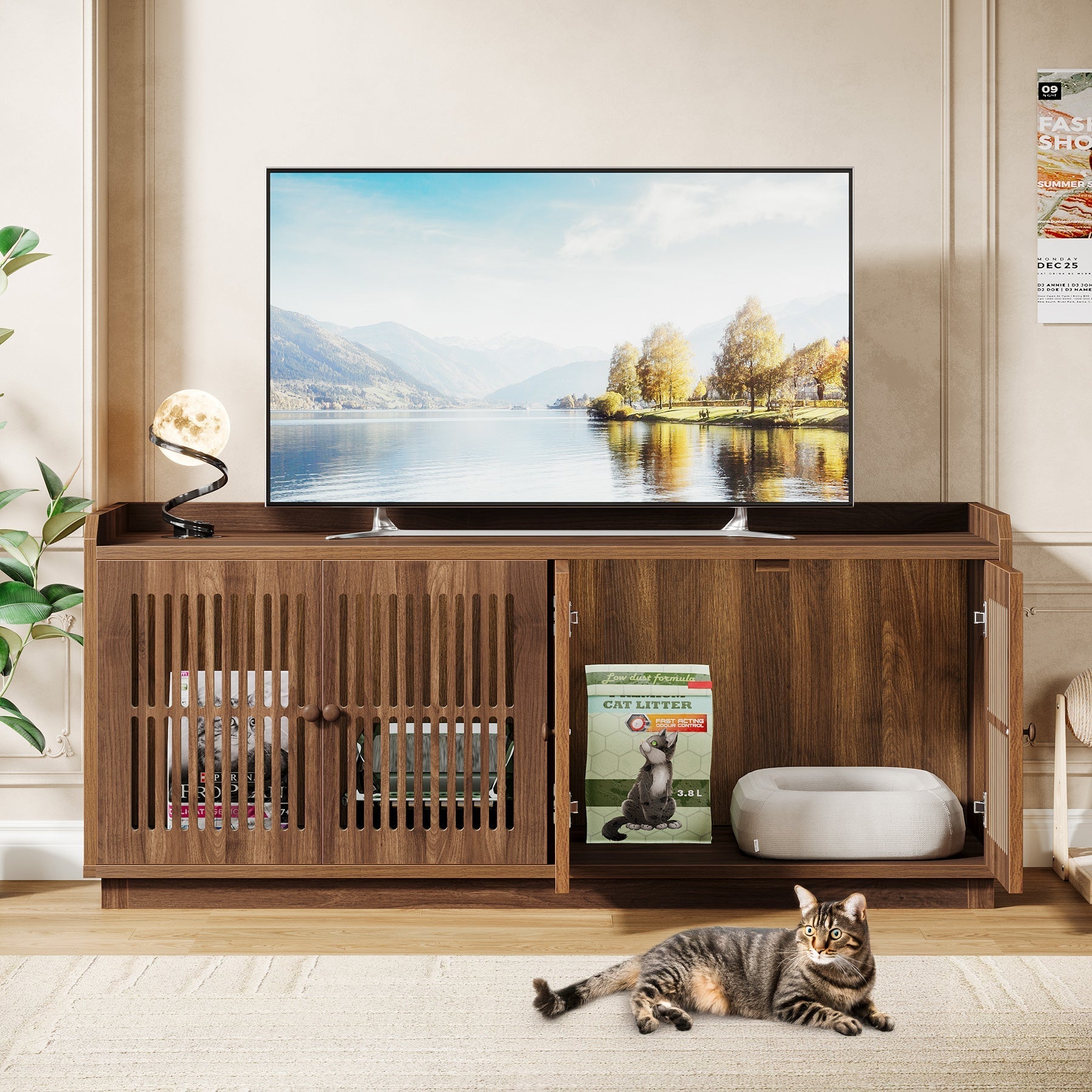 55" Litter Box Furniture, Cat Litter Box Enclosure with 2 Cabinets and Side Entrance Tribesigns