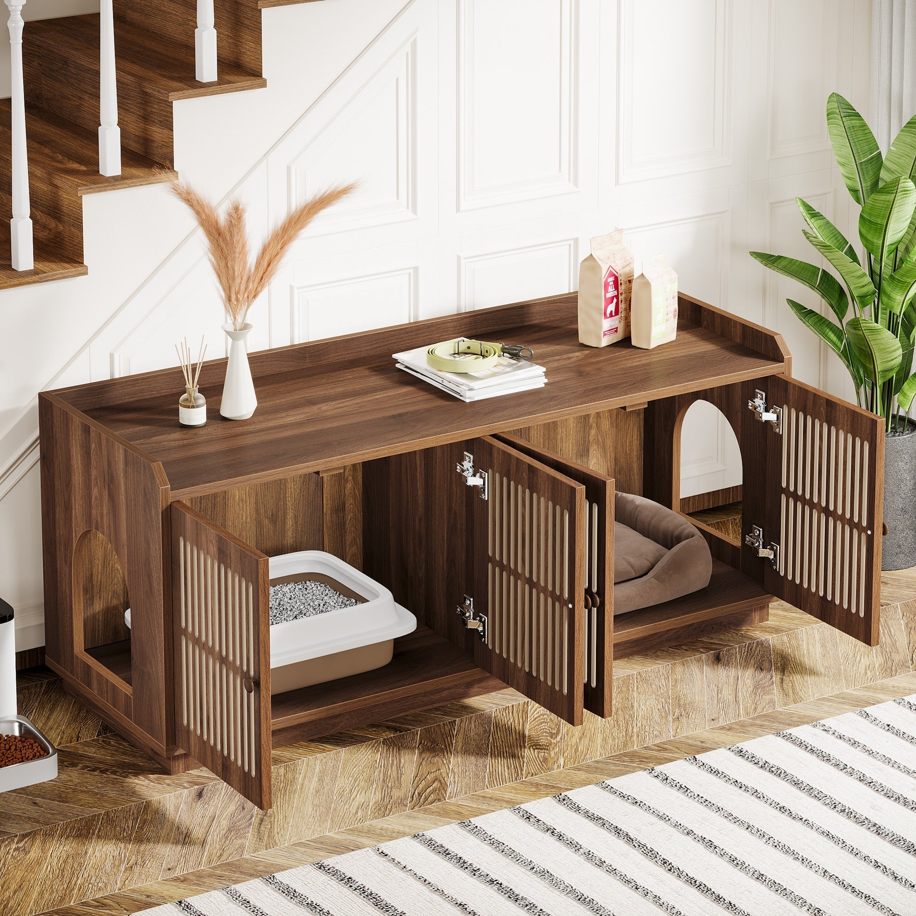 55" Litter Box Furniture, Cat Litter Box Enclosure with 2 Cabinets and Side Entrance Tribesigns