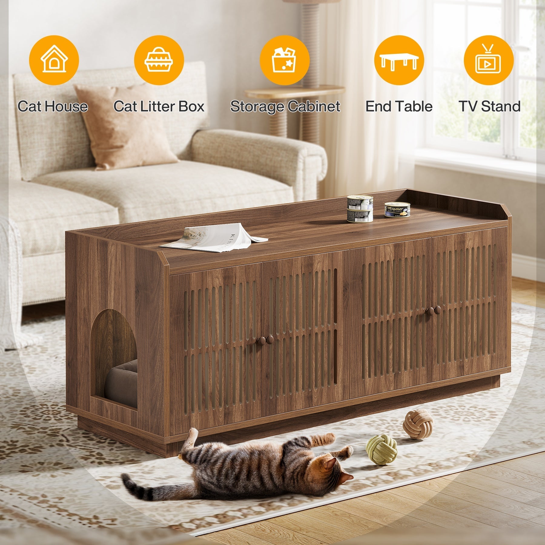 55" Litter Box Furniture, Cat Litter Box Enclosure with 2 Cabinets and Side Entrance Tribesigns