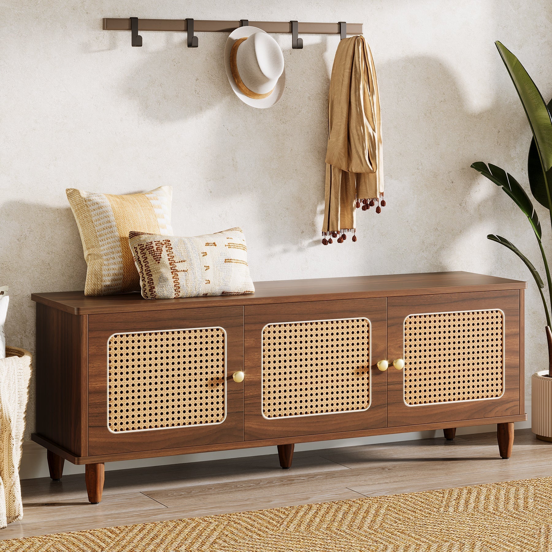 Full-frontal shot of Tribesigns's 55" Storage Bench, 2 - Tier Shoe Bench with Lift Top Storage.