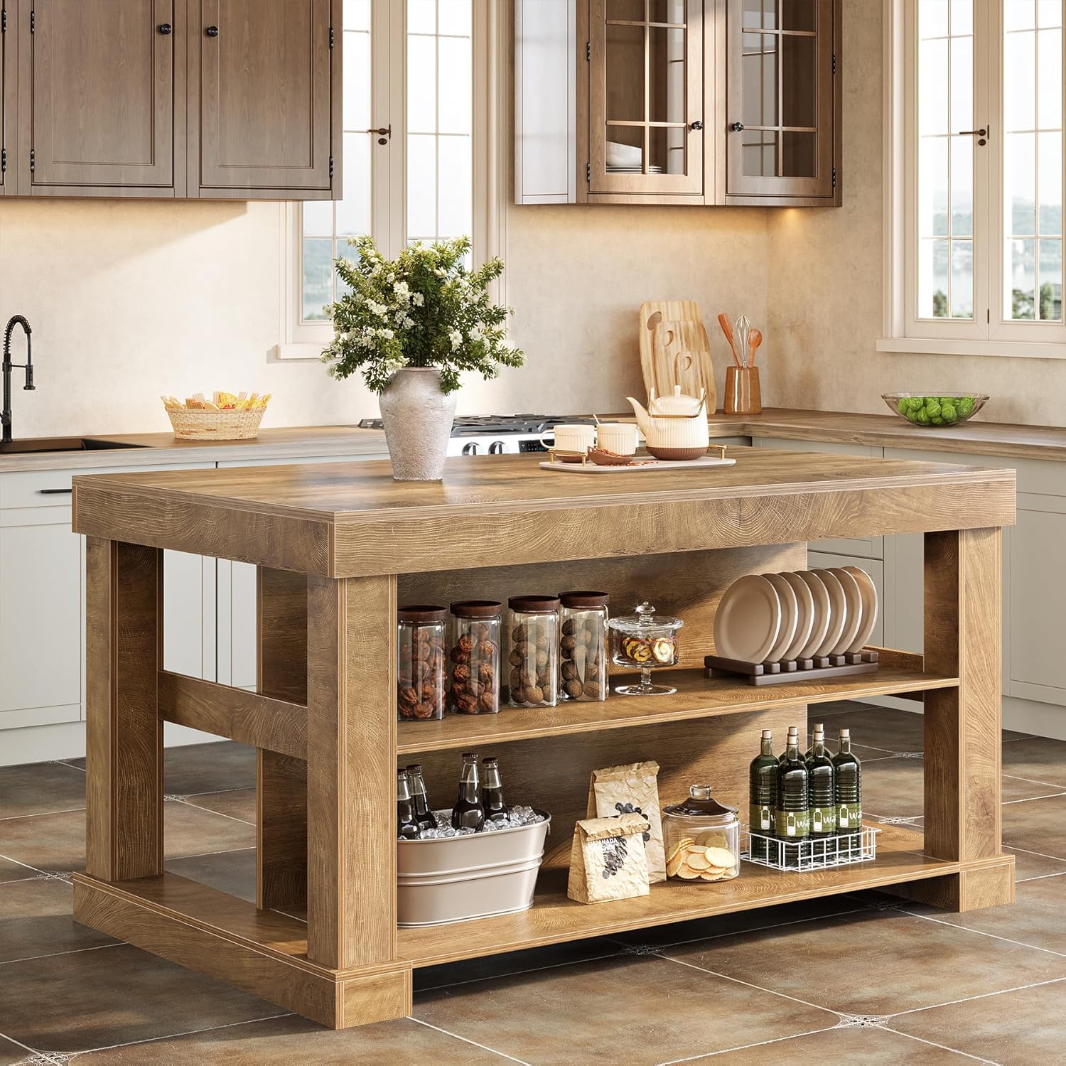 55" Home Bar Unit, 3 - Tier Pub Table Liquor Cabinet with Storage Shelves Tribesigns
