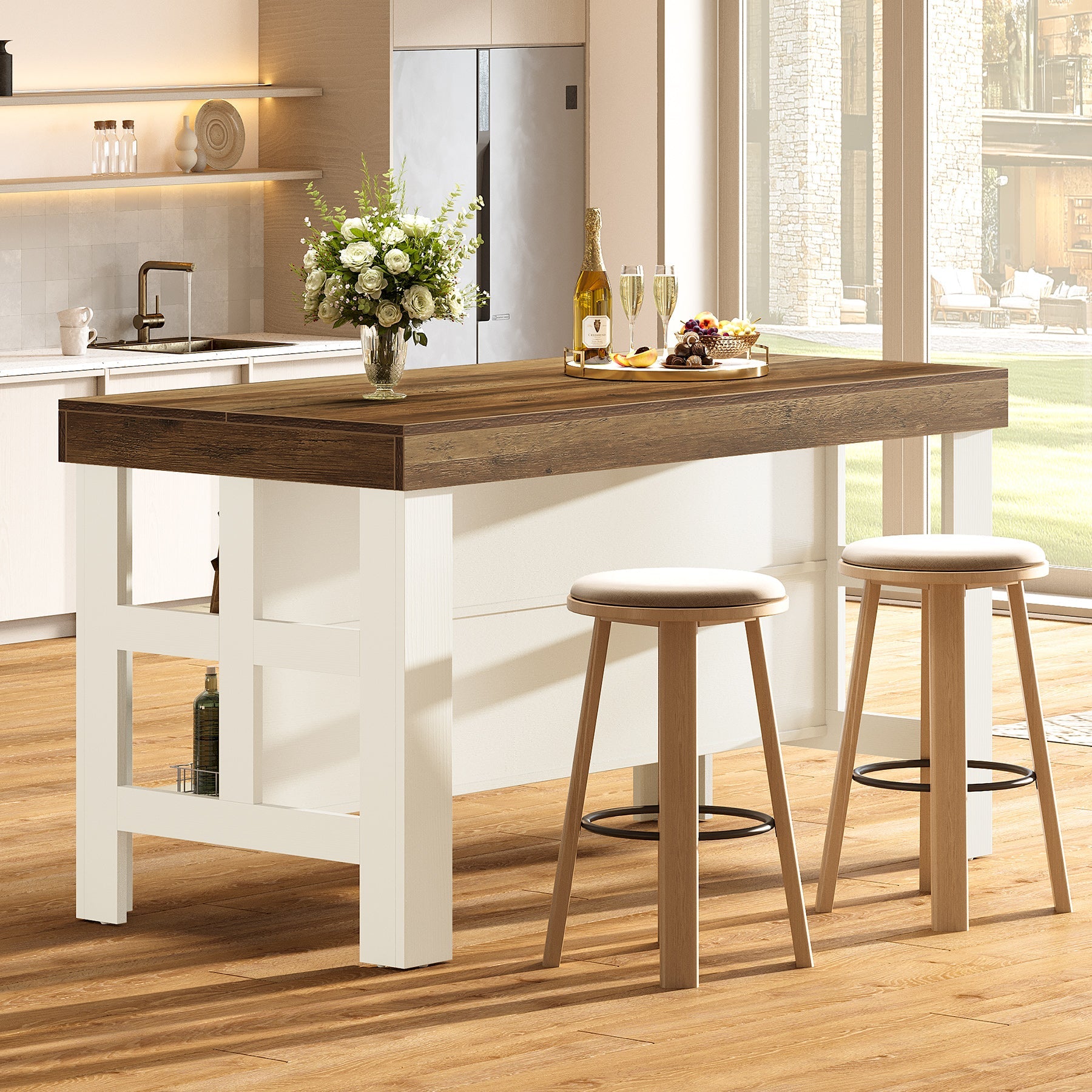 55" Kitchen Island, Breakfast Counter with Seating and Storage Shelves