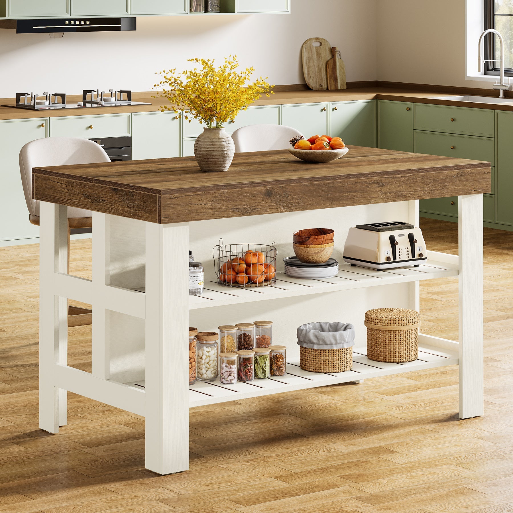 55" Kitchen Island, Breakfast Counter with Seating and Storage Shelves