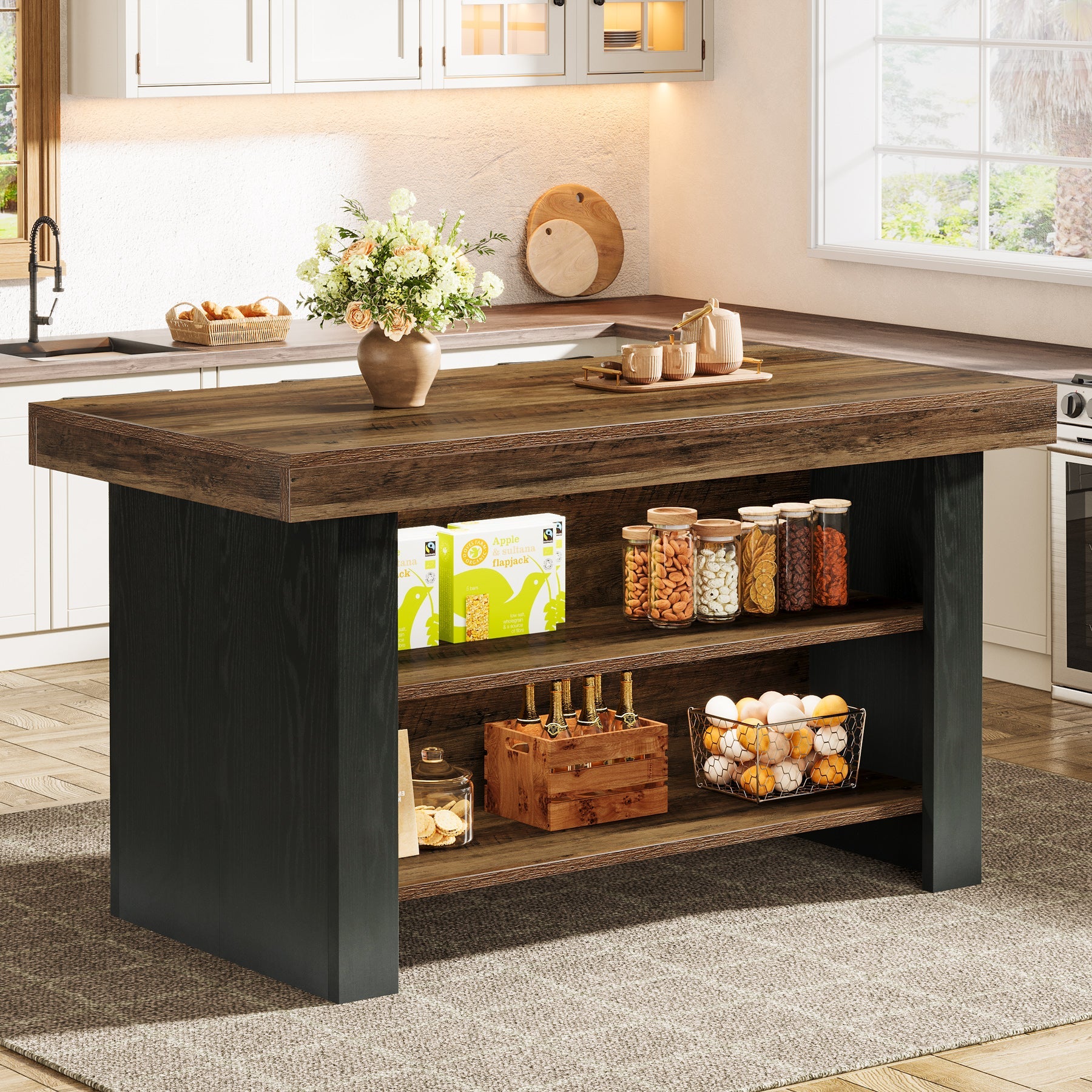 55" Kitchen Island, Farmhouse Center Island with 2 Tier Storage