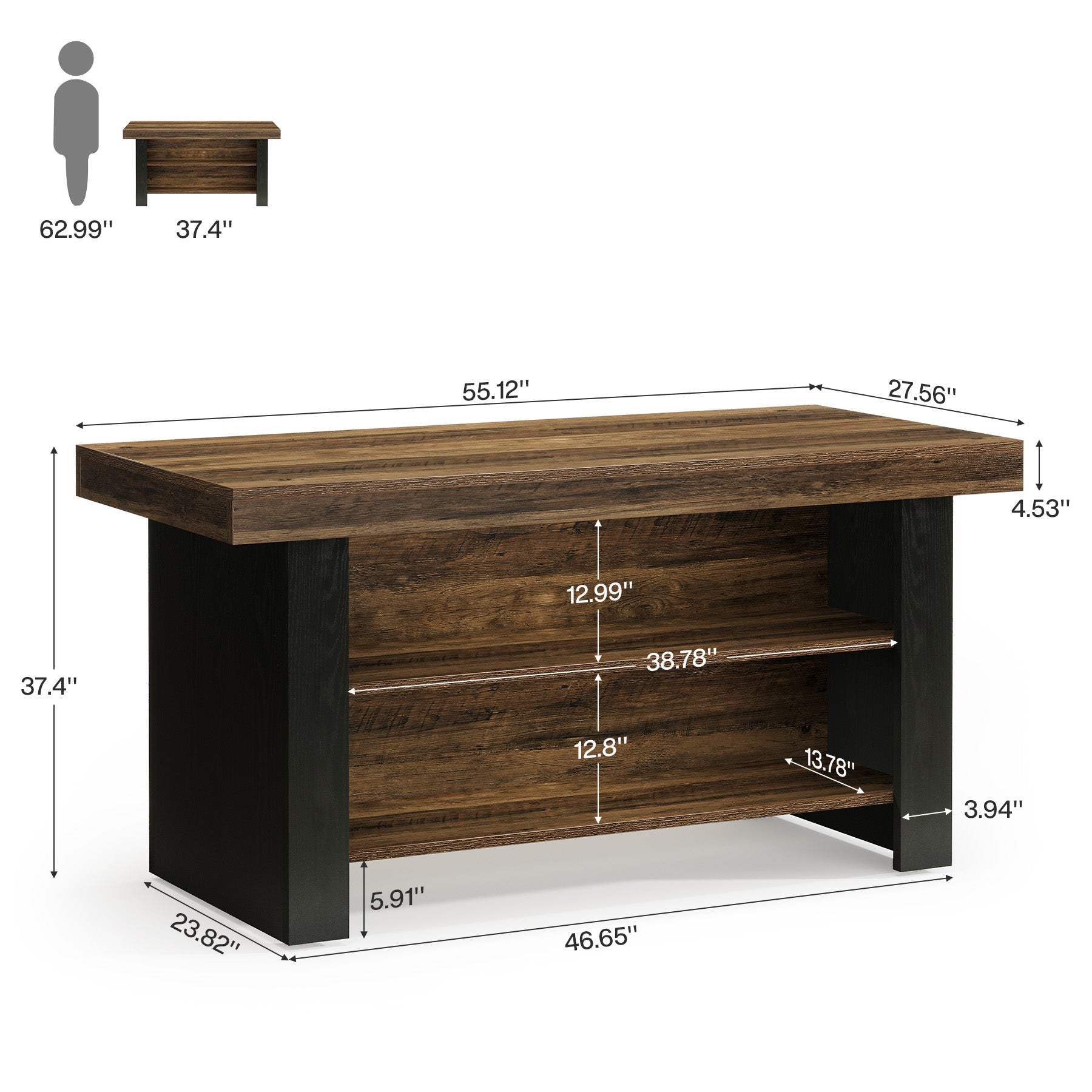 55" Kitchen Island, Farmhouse Center Island with 2 Tier Storage