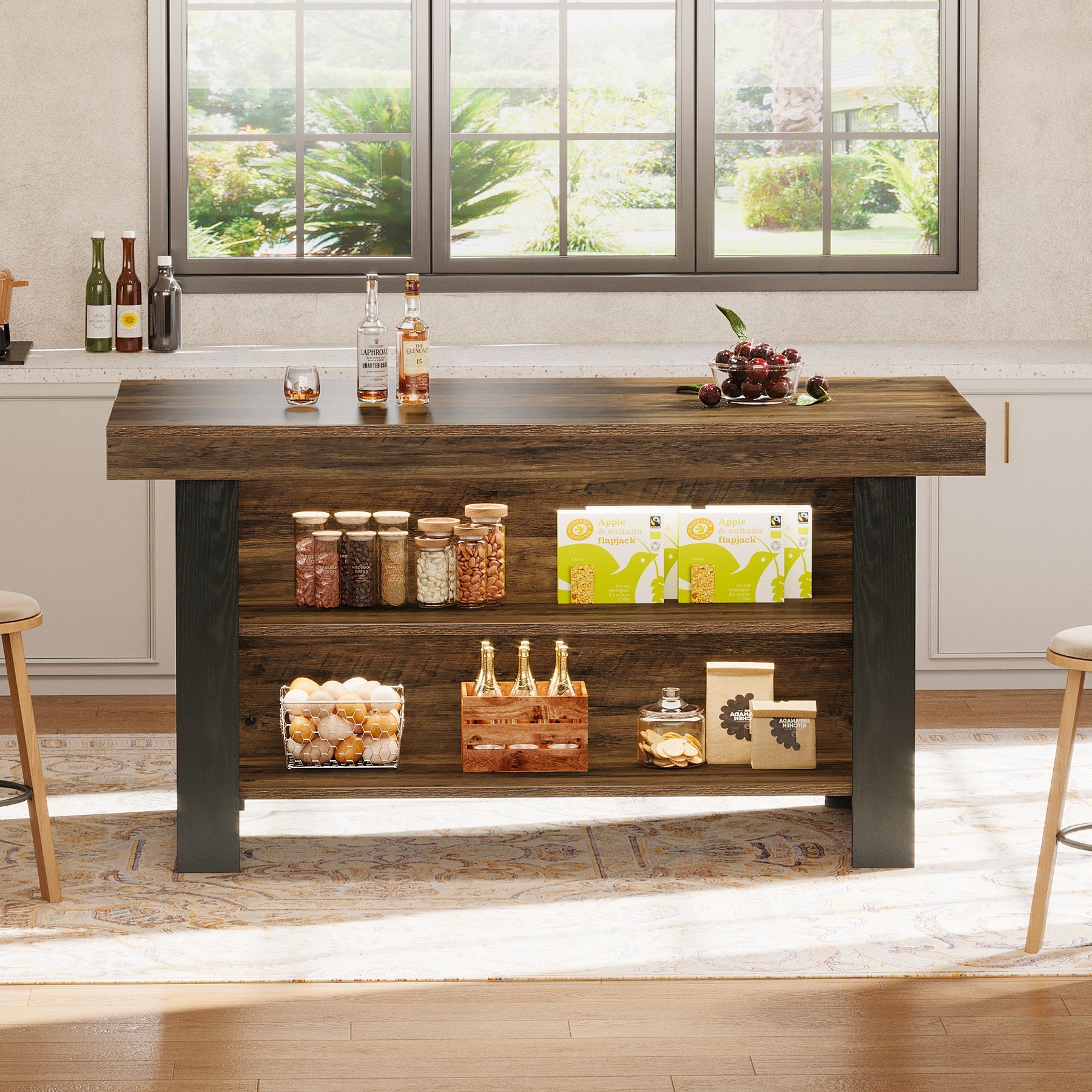 55" Kitchen Island, Farmhouse Center Island with 2 Tier Storage
