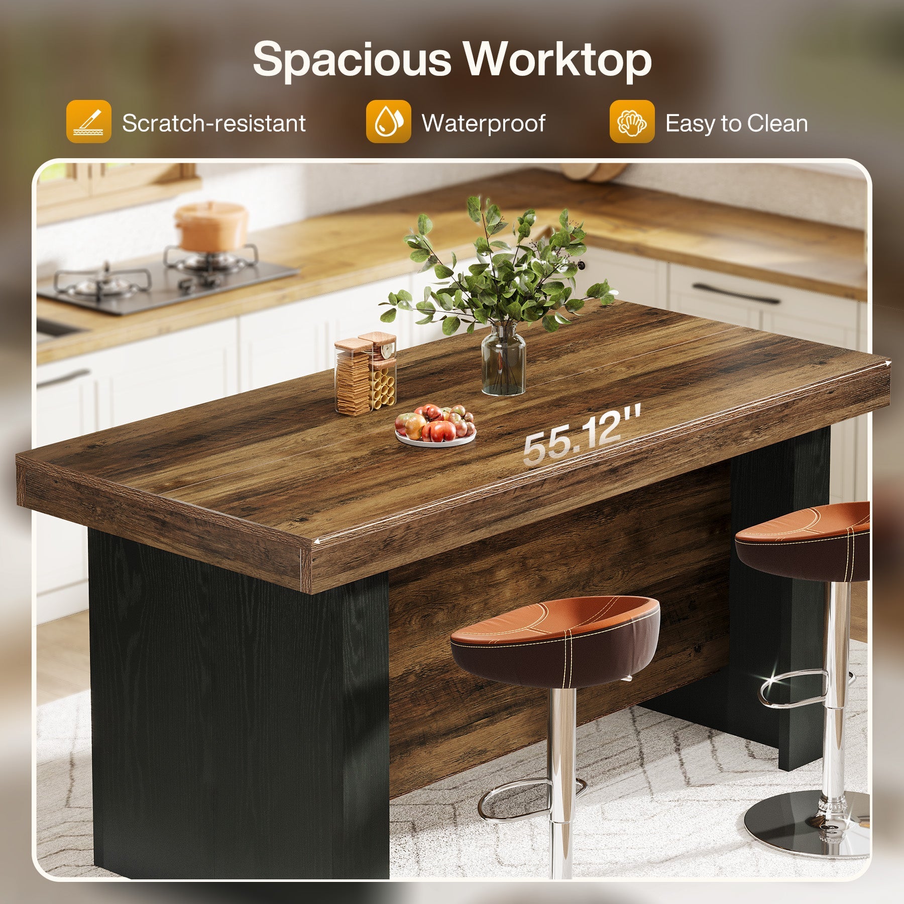 55" Kitchen Island, Farmhouse Center Island with 2 Tier Storage