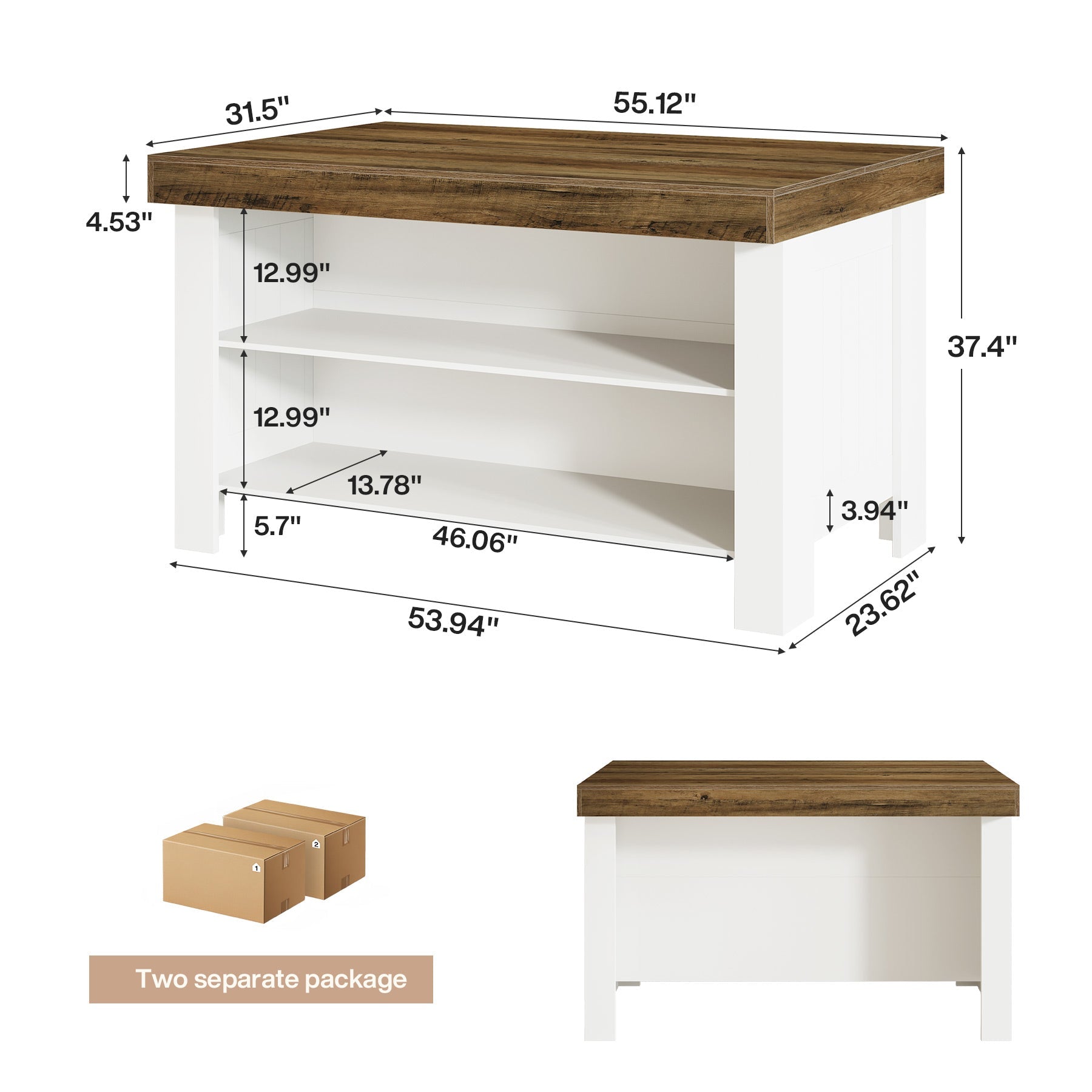 55" Kitchen Island Table, Farmhouse Counter Height Bar Table with Storage Shelves