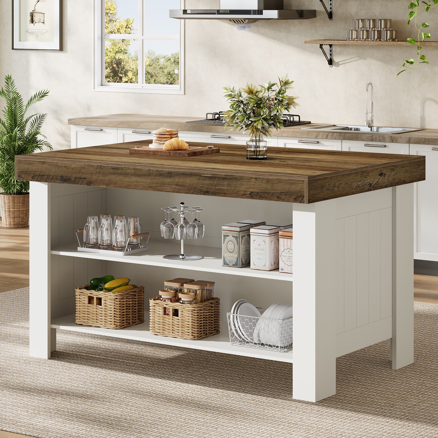 55" Kitchen Island Table, Farmhouse Counter Height Bar Table with Storage Shelves