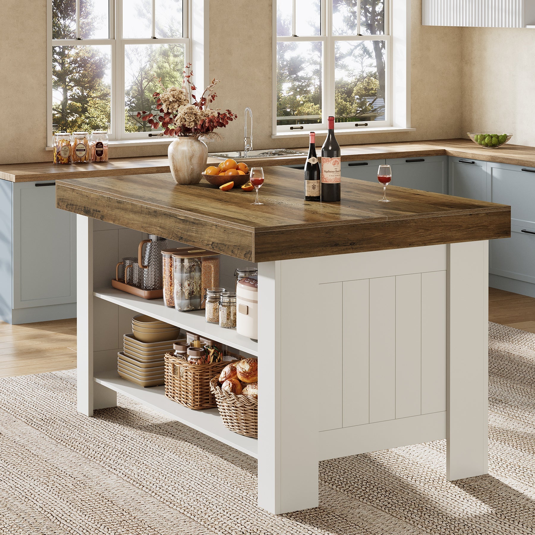 55" Kitchen Island Table, Farmhouse Counter Height Bar Table with Storage Shelves