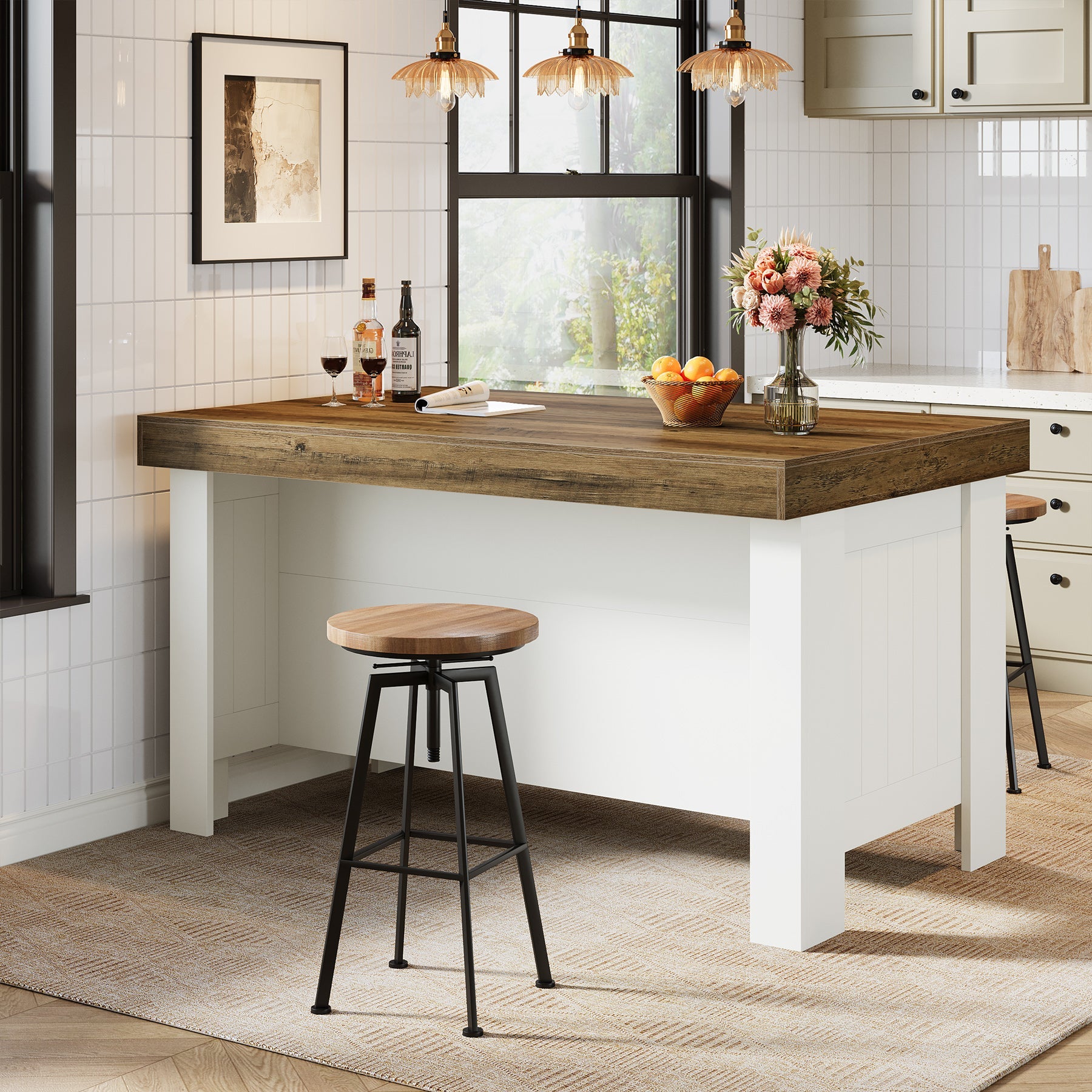 55" Kitchen Island Table, Farmhouse Counter Height Bar Table with Storage Shelves