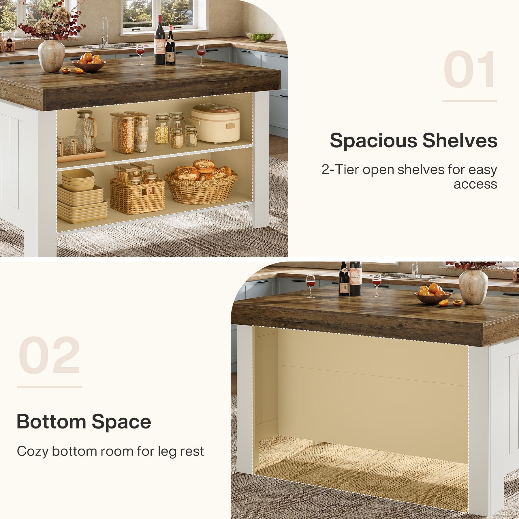 55" Kitchen Island Table, Farmhouse Counter Height Bar Table with Storage Shelves
