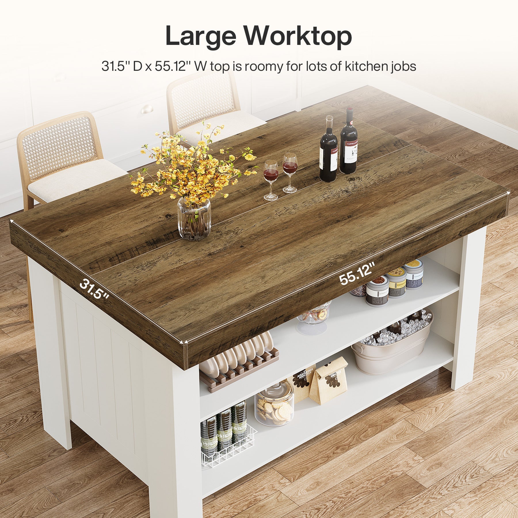 55" Kitchen Island Table, Farmhouse Counter Height Bar Table with Storage Shelves