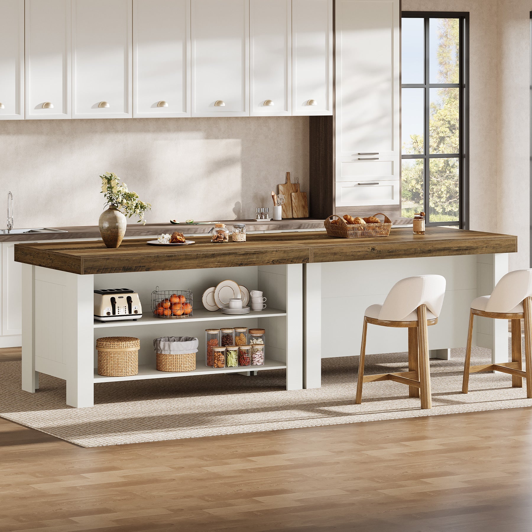 55" Kitchen Island Table, Farmhouse Counter Height Bar Table with Storage Shelves