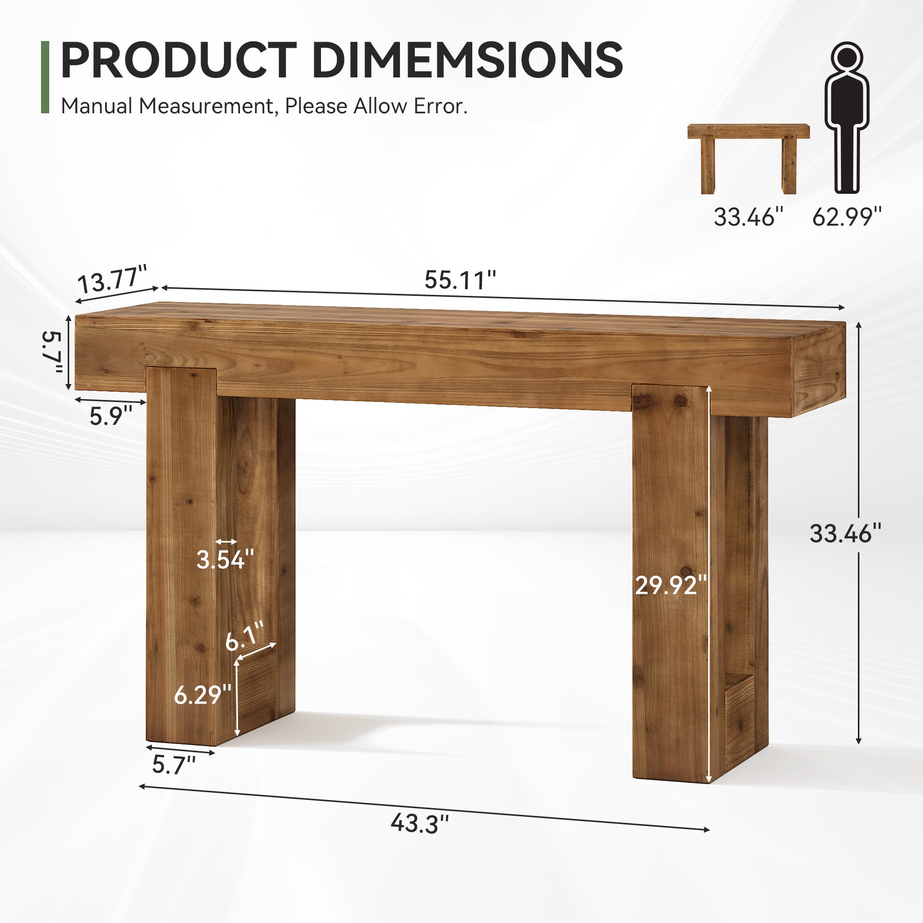 55" Rectangle Console Table, Farmhouse Solid Wood Sofa Table Entryway Furniture