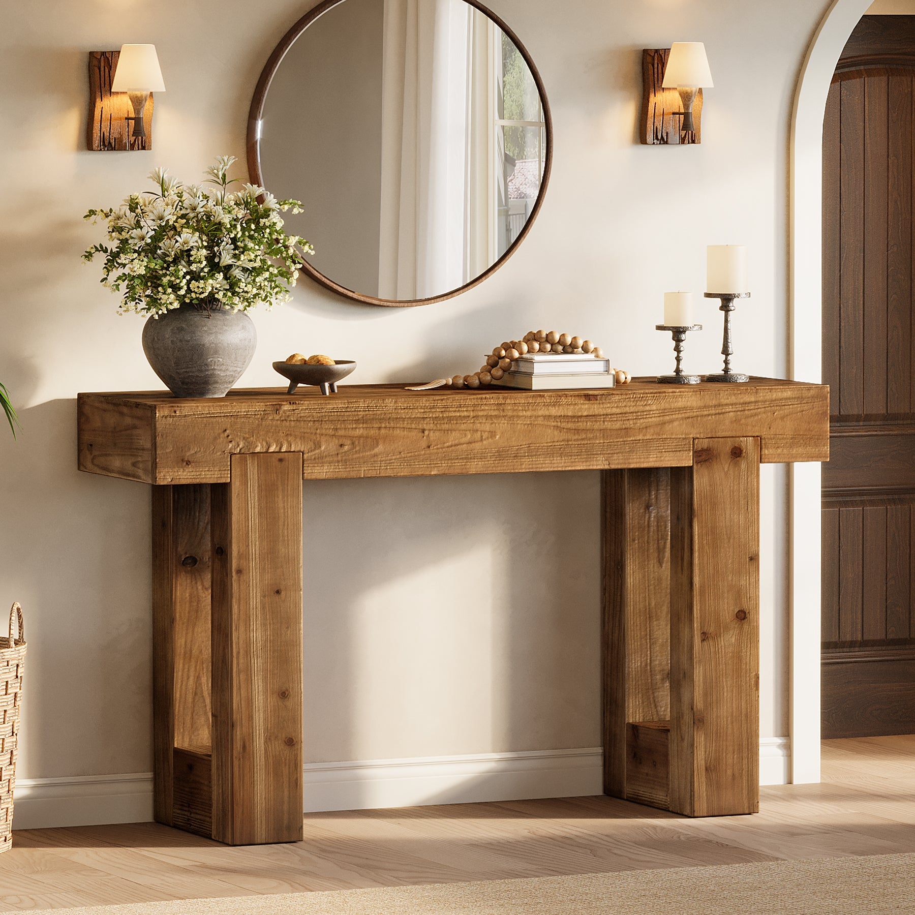 55" Rectangle Console Table, Farmhouse Solid Wood Sofa Table Entryway Furniture