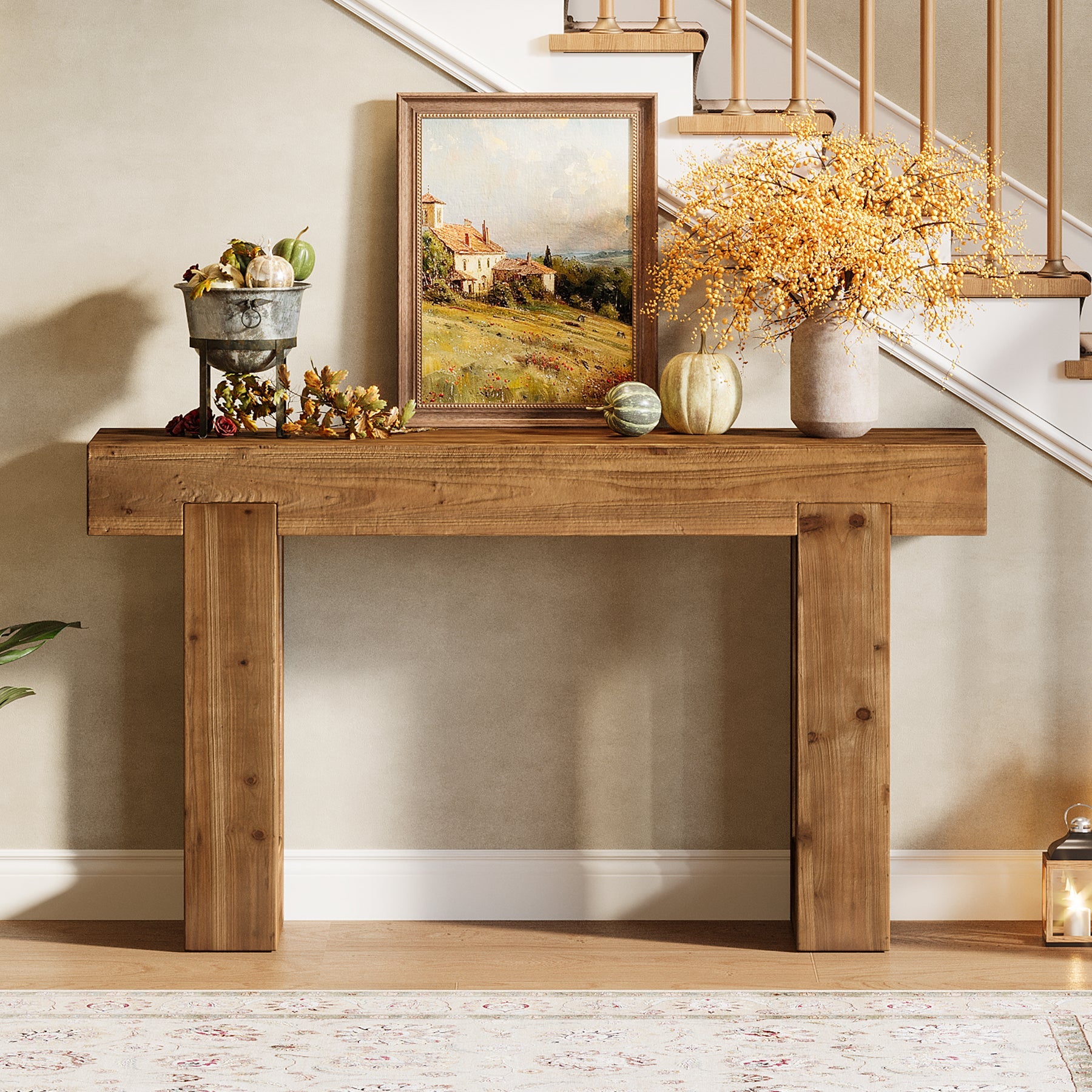 55" Rectangle Console Table, Farmhouse Solid Wood Sofa Table Entryway Furniture